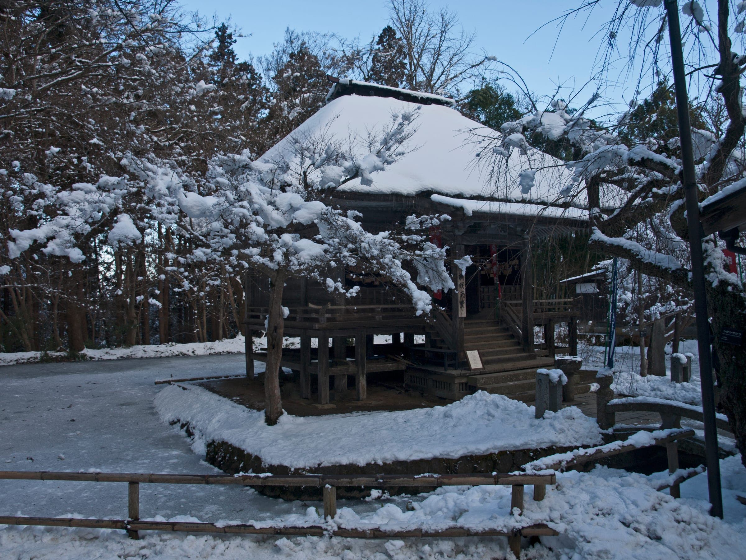 Snow weighs on the roof and pine boughs around the Benzaitendo hall at Chuson-ji in January.