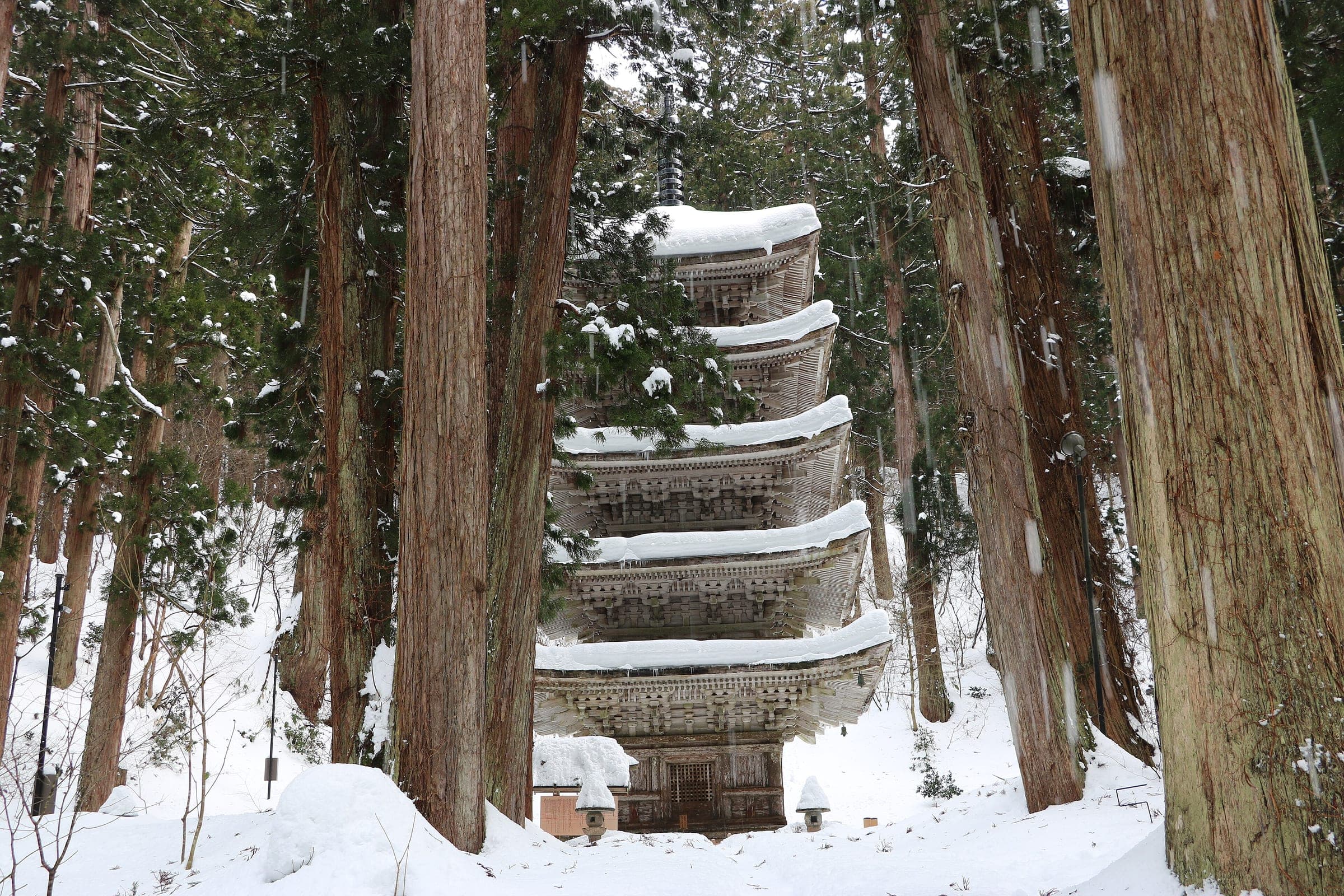 Snow caps each roof of the Haguro-san five-storey pagoda among tall cedars in January.