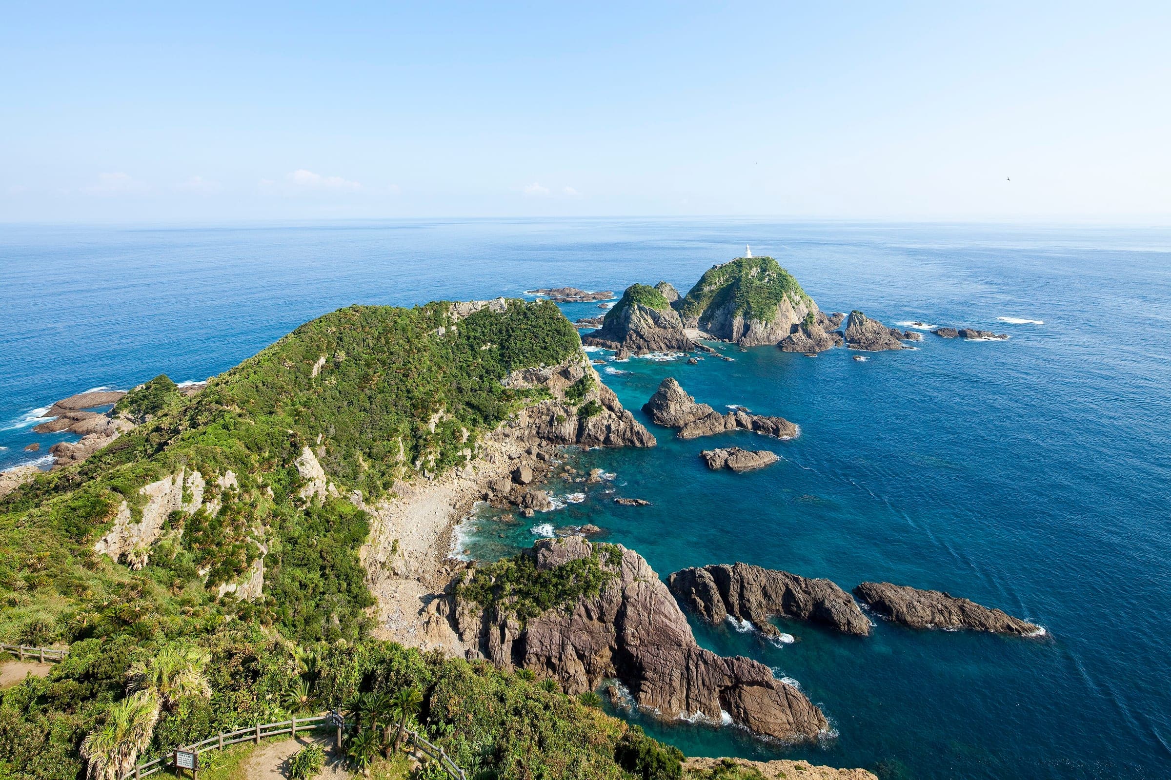 Rocky islets and the lighthouse off Cape Sata mark the southern tip of Kyushu's Osumi Peninsula