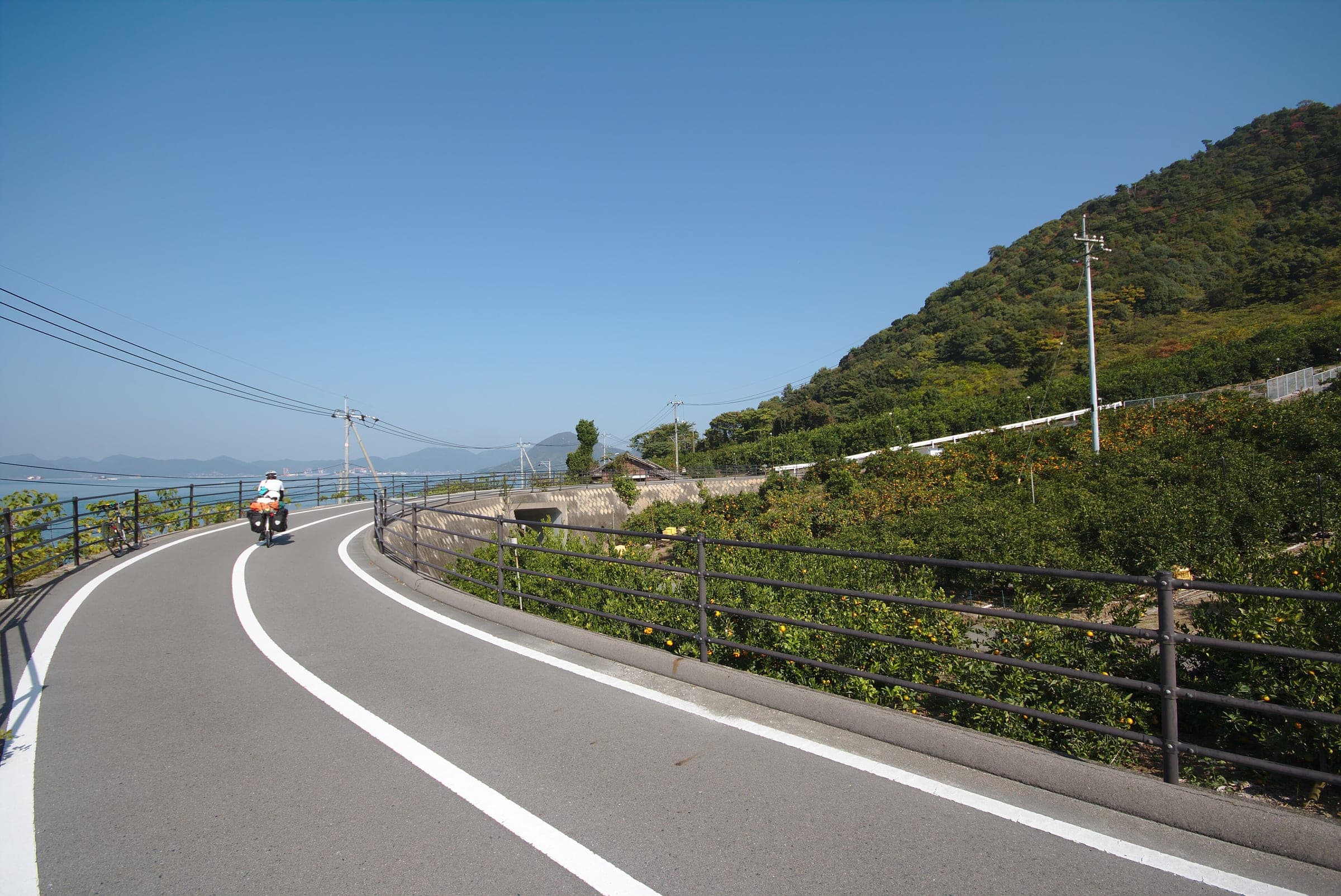 A cyclist climbs the Shimanami Kaido approach road to Tatara Bridge on Ikuchijima above the Seto Inland Sea
