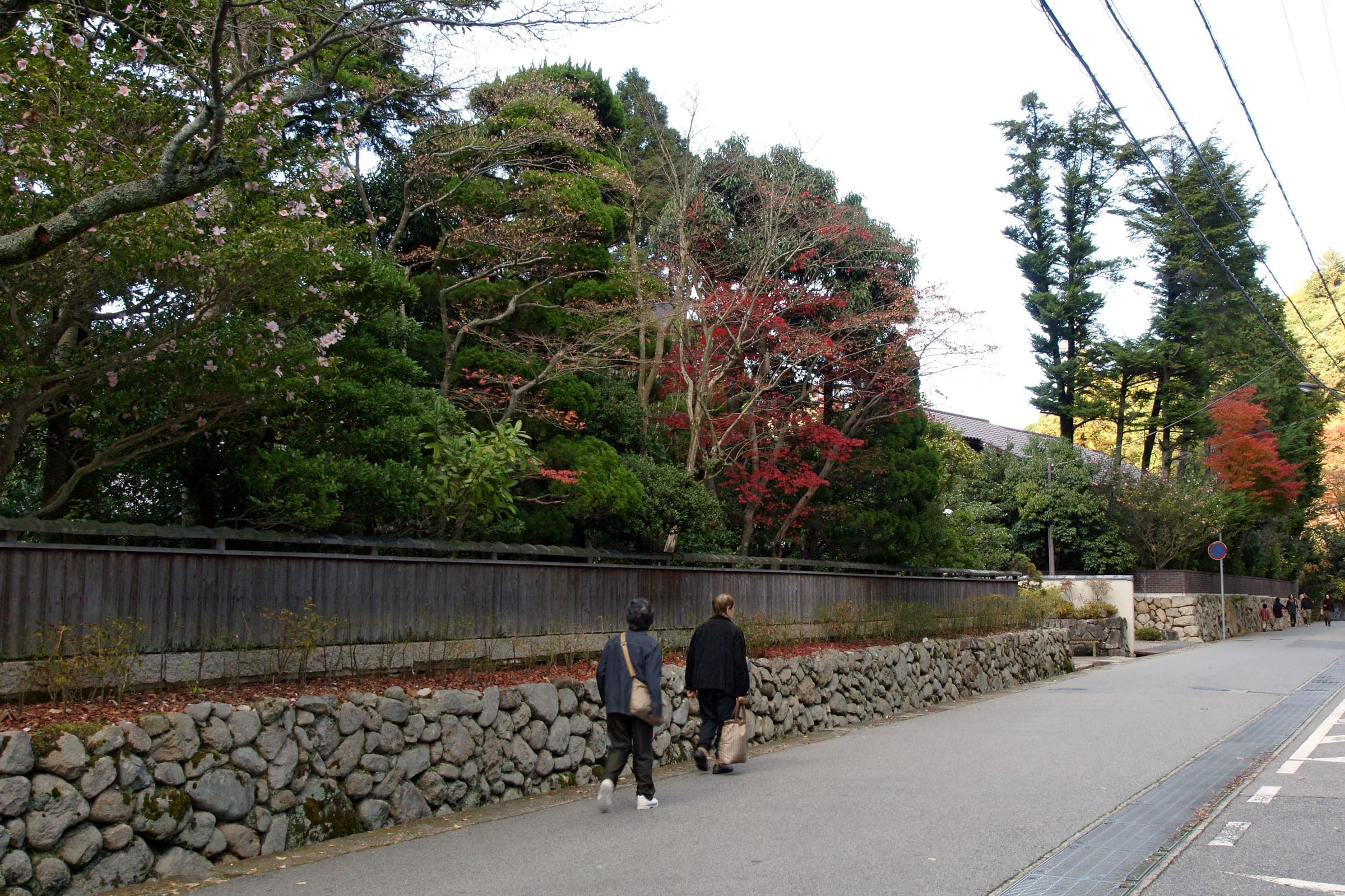 Walkers follow a stone-walled lane through Arima Onsen as the maples turn in November