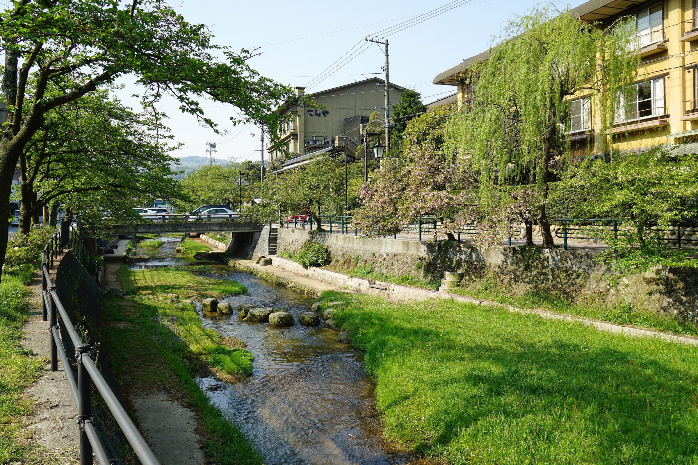 Willows and stepping stones line the Tamayu River through the middle of Tamatsukuri Onsen
