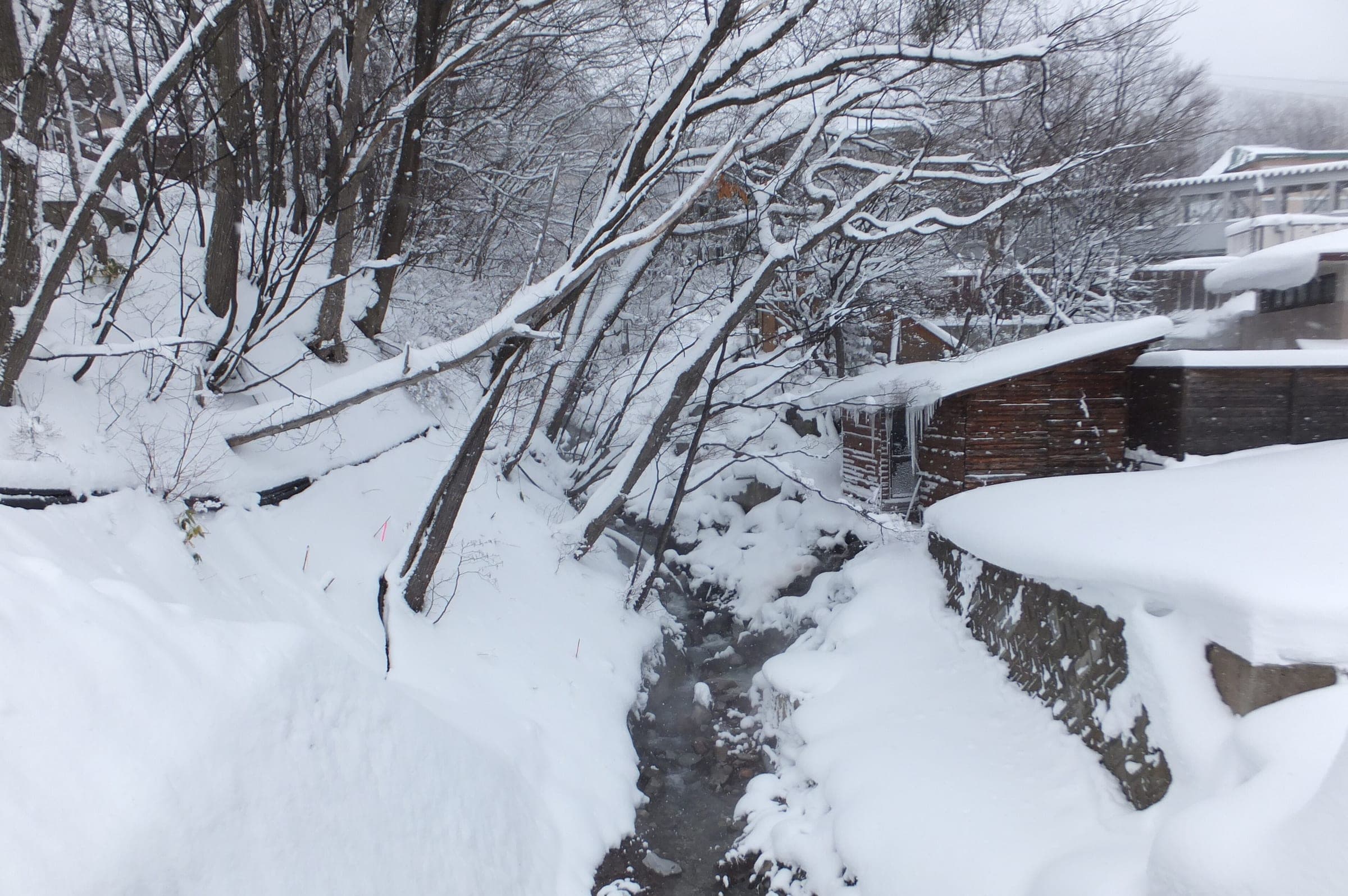 A creek runs under deep snow between bent trees and inn roofs in Zao Onsen.
