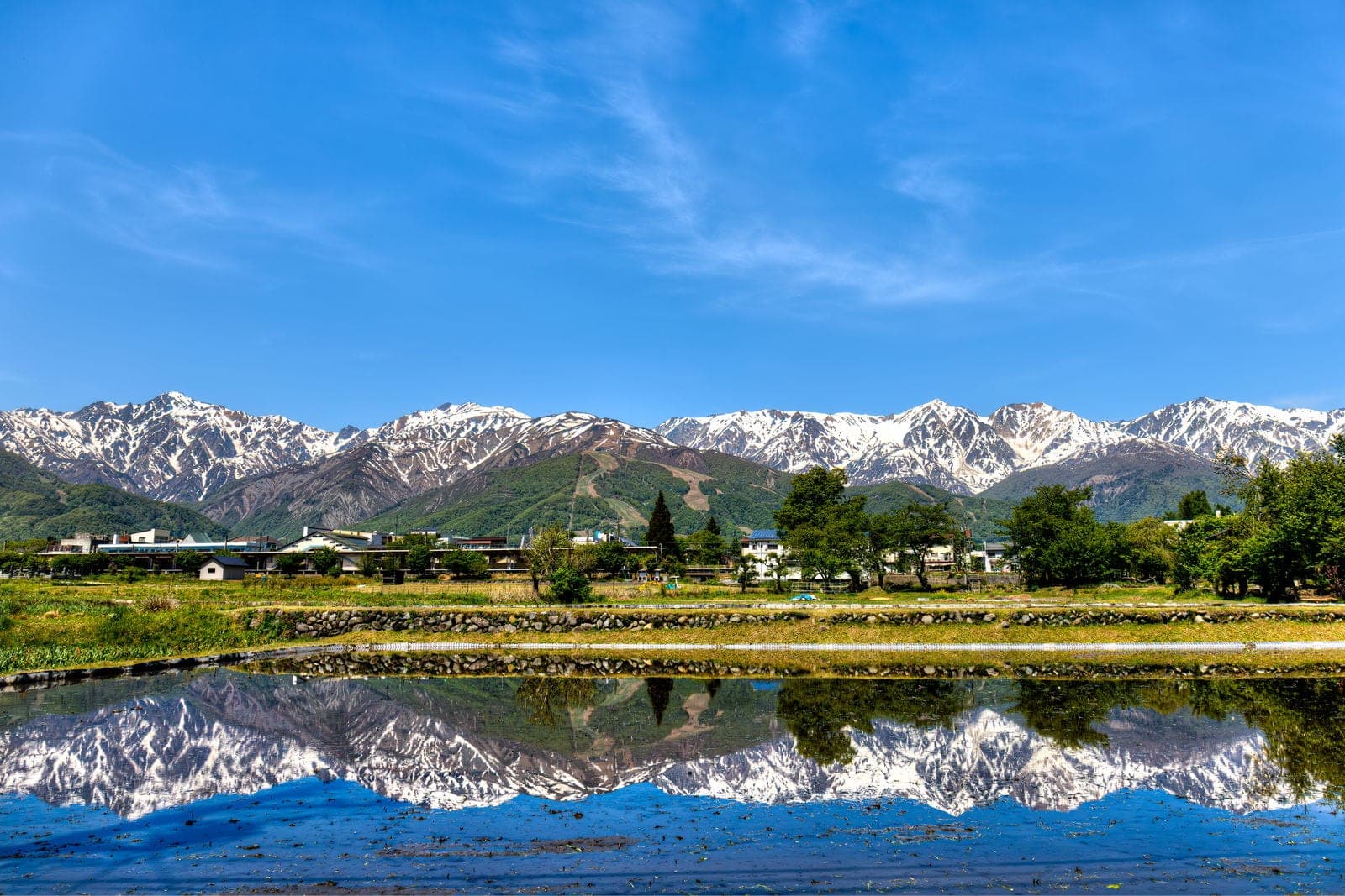 Flooded rice paddies in Hakuba mirror the snowy Hakuba Sanzan and Mount Goryu in May