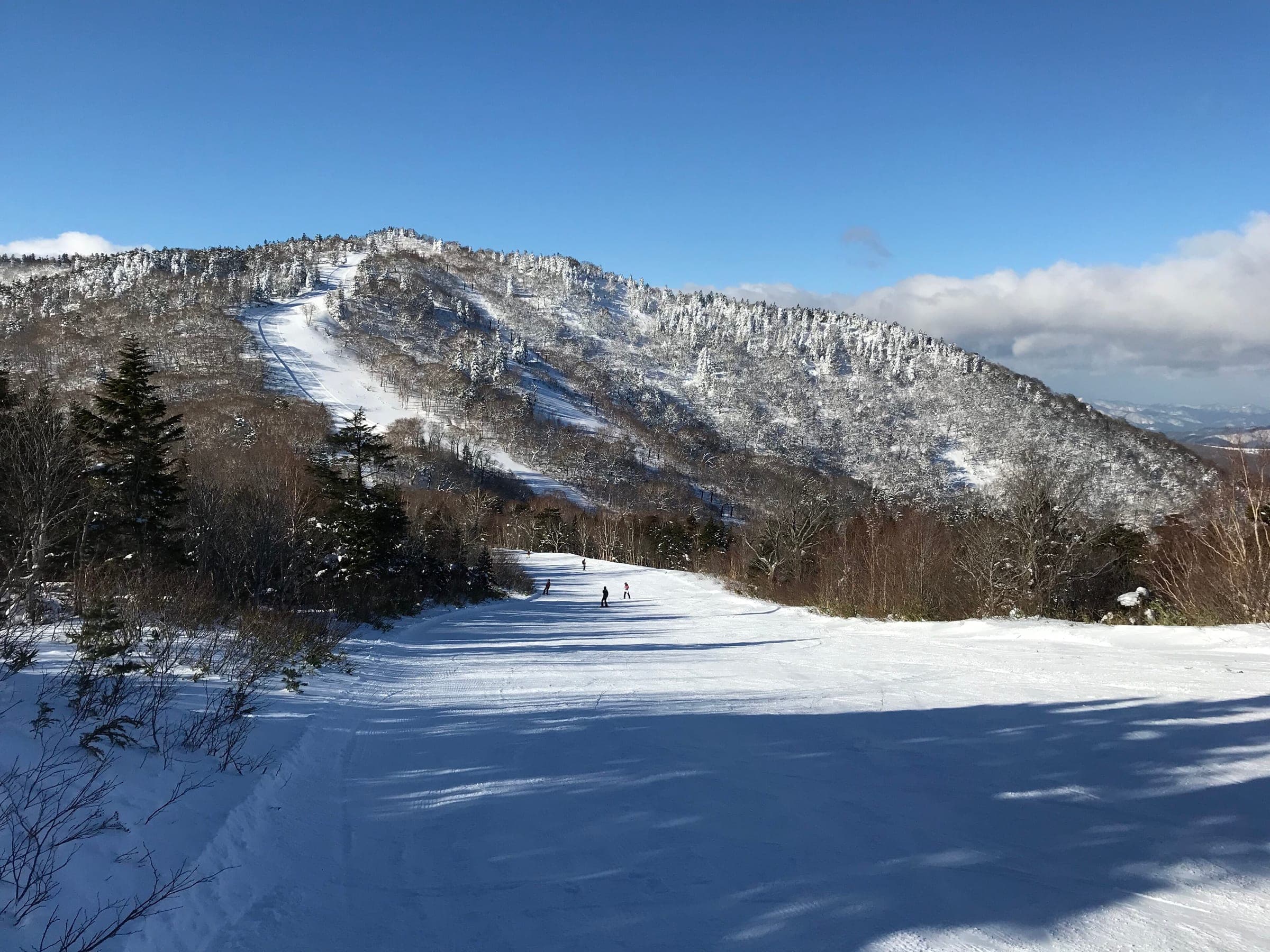 Riders drop down a wide trail under the frosted crest of Mount Nishimori at APPI.