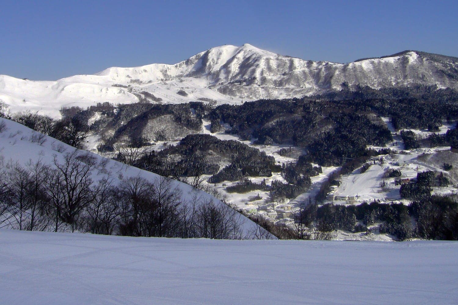Mount Hachibuse and its snowy south slopes seen across the valley from the Hyonosen side