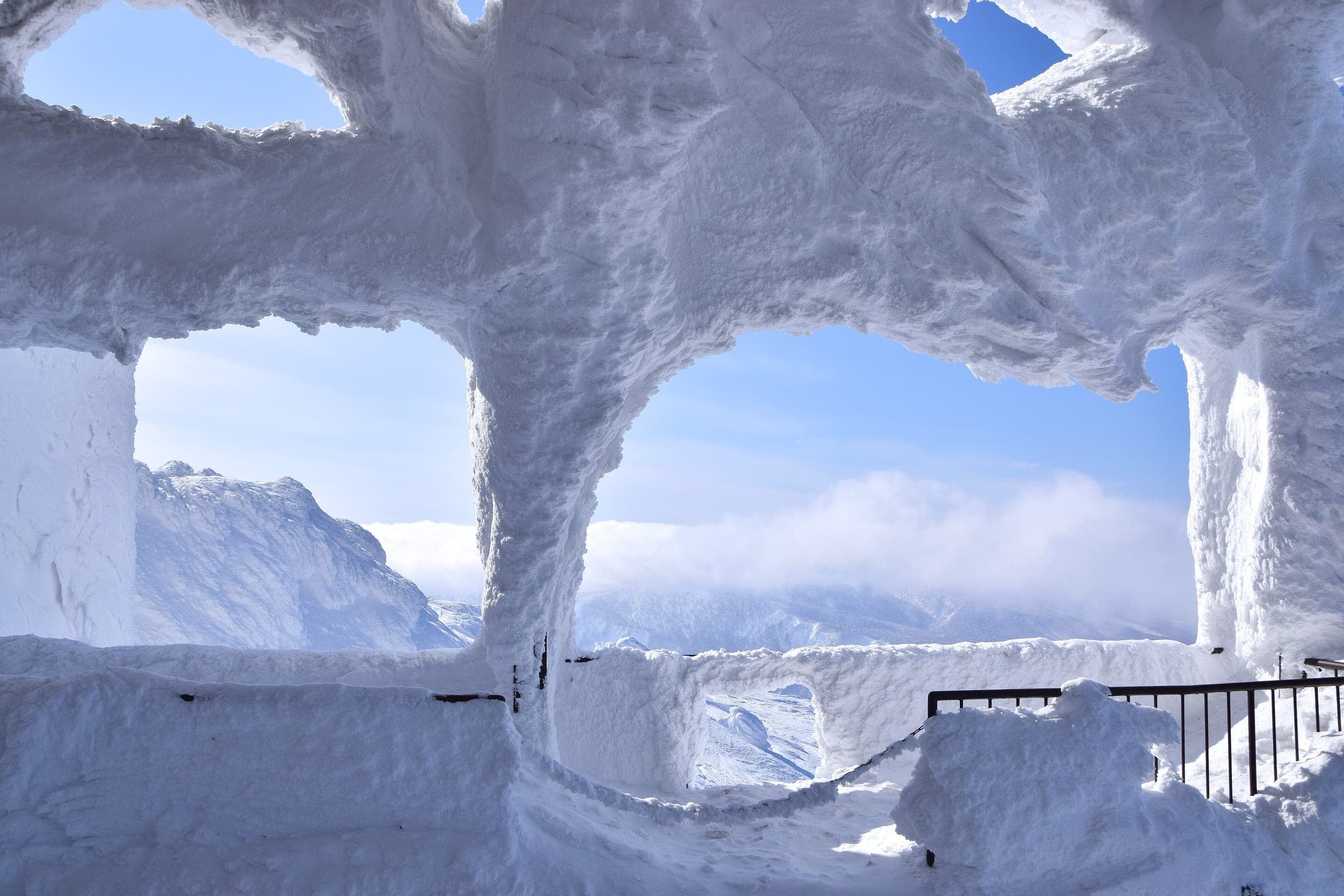 Thick rime frames the viewing windows at the Hakkoda Ropeway summit station in February.