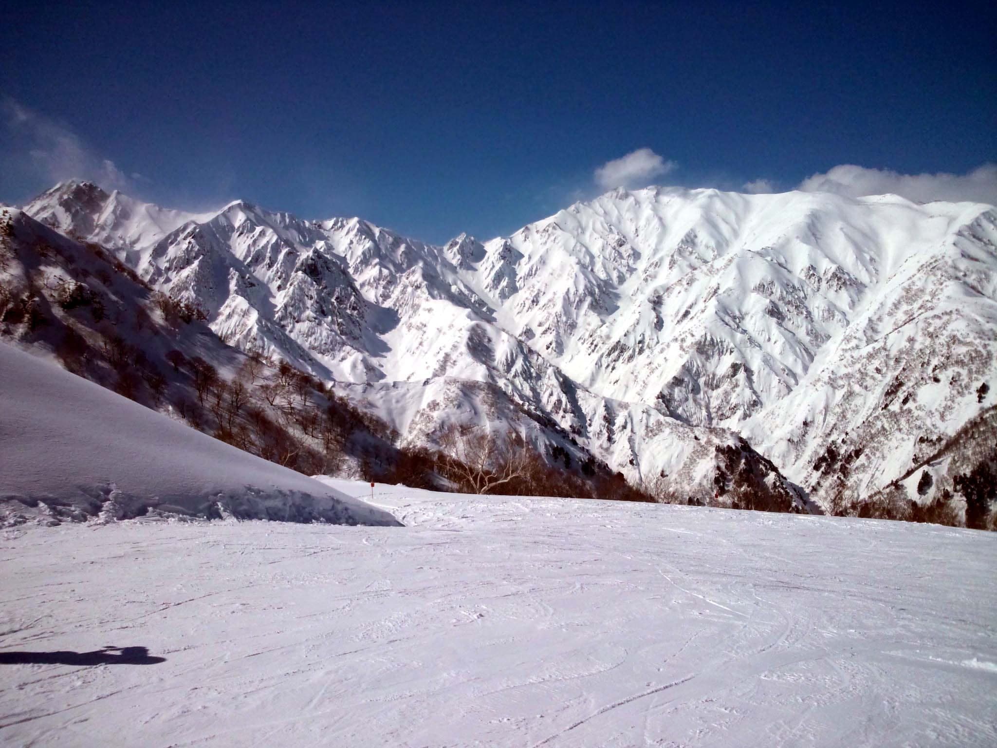 Mount Karamatsu and the Hakuba range rise above the upper slopes of Hakuba Goryu