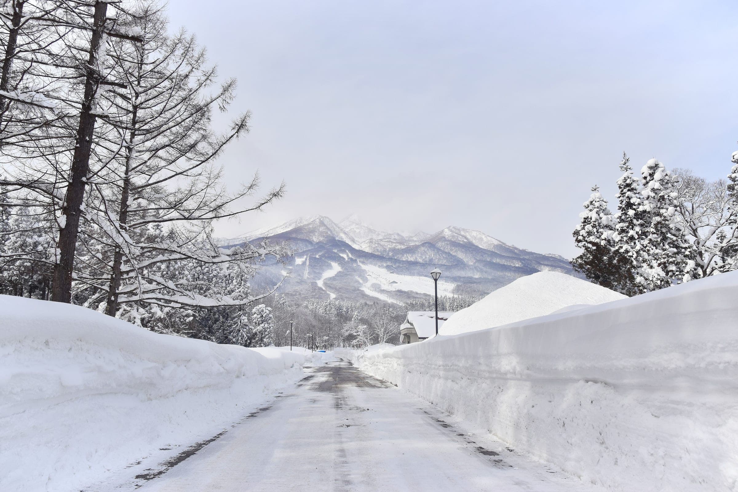A road between tall snow walls at Ikenotaira leads toward Mount Myoko and its ski runs