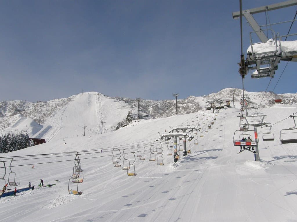 Several chairlifts climb side by side up the groomed slopes of Joetsu Kokusai