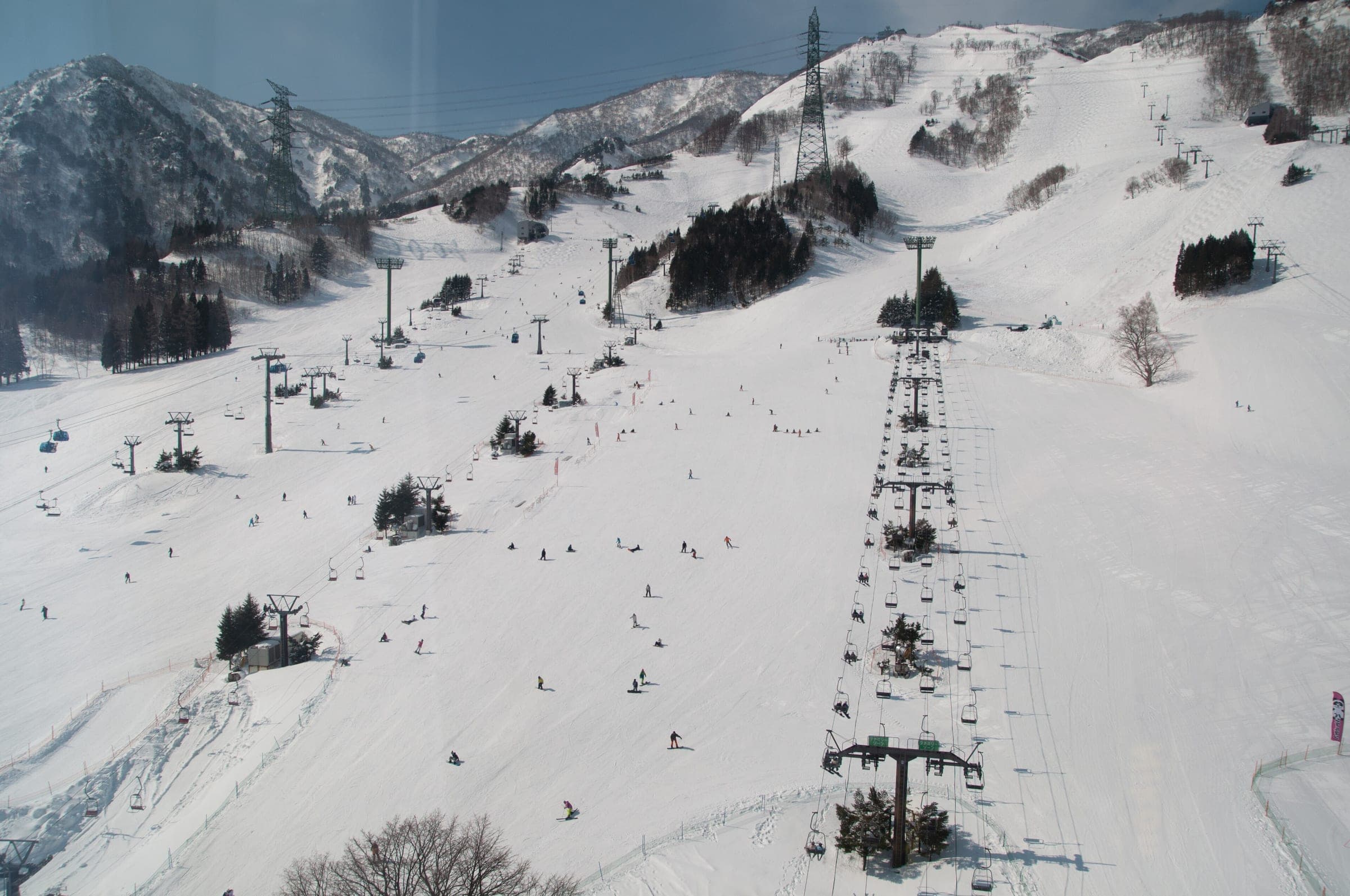 Skiers spread across the wide lower slopes of Naeba under a line of chairlifts
