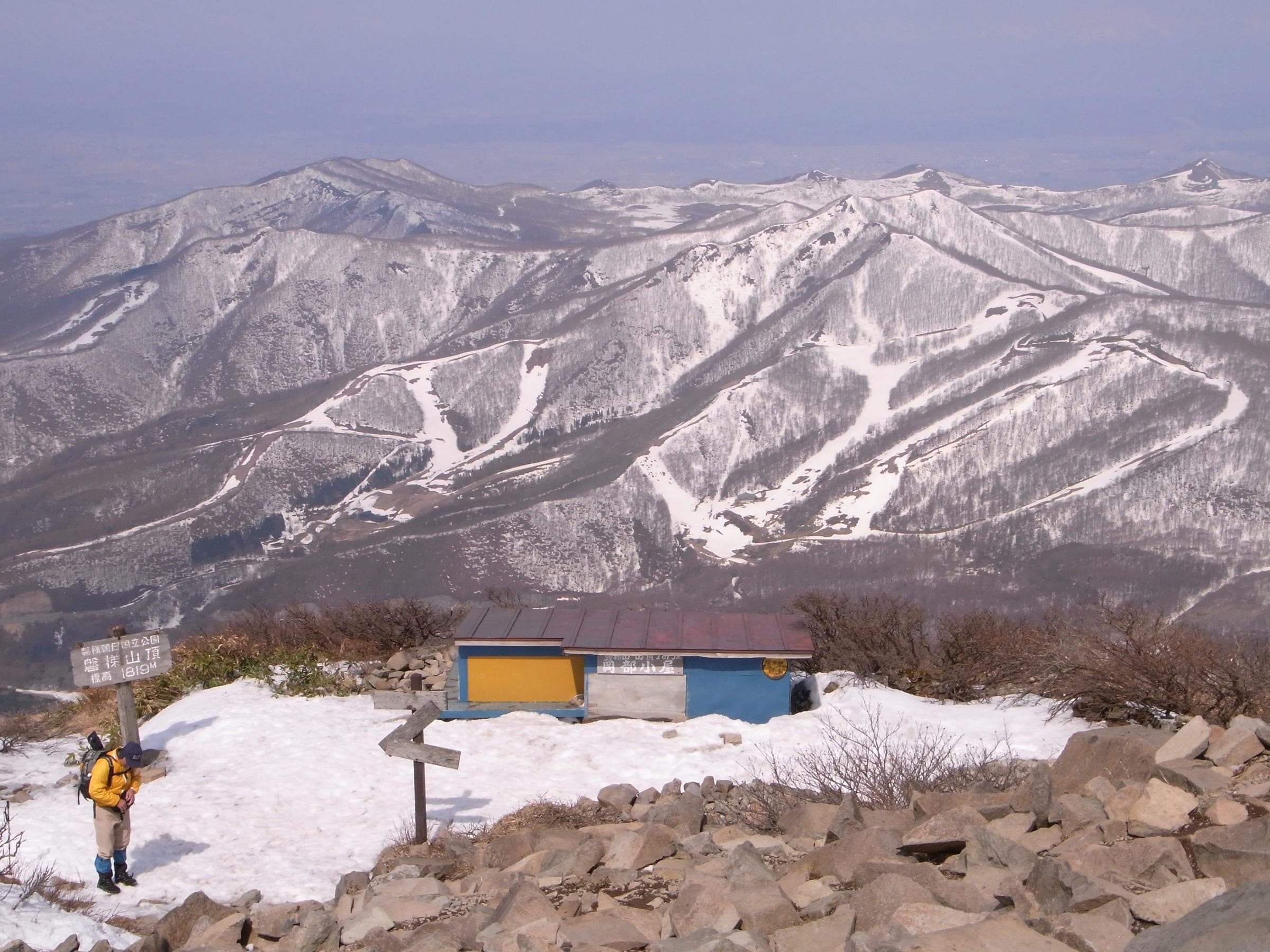 Ski trails stripe the slopes of Mount Nekoma, seen from the Mount Bandai trail in early May.