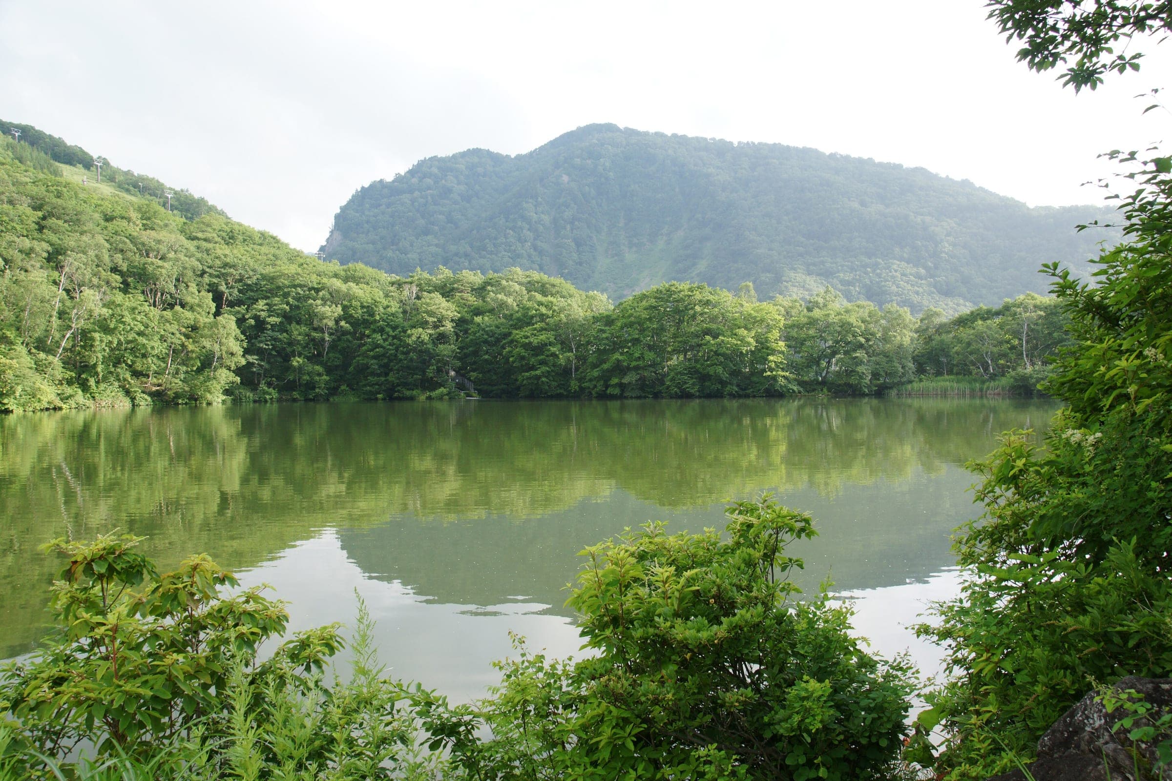 Green hills and a rocky peak reflect in the still water of Maruike pond at Shiga Kogen in July