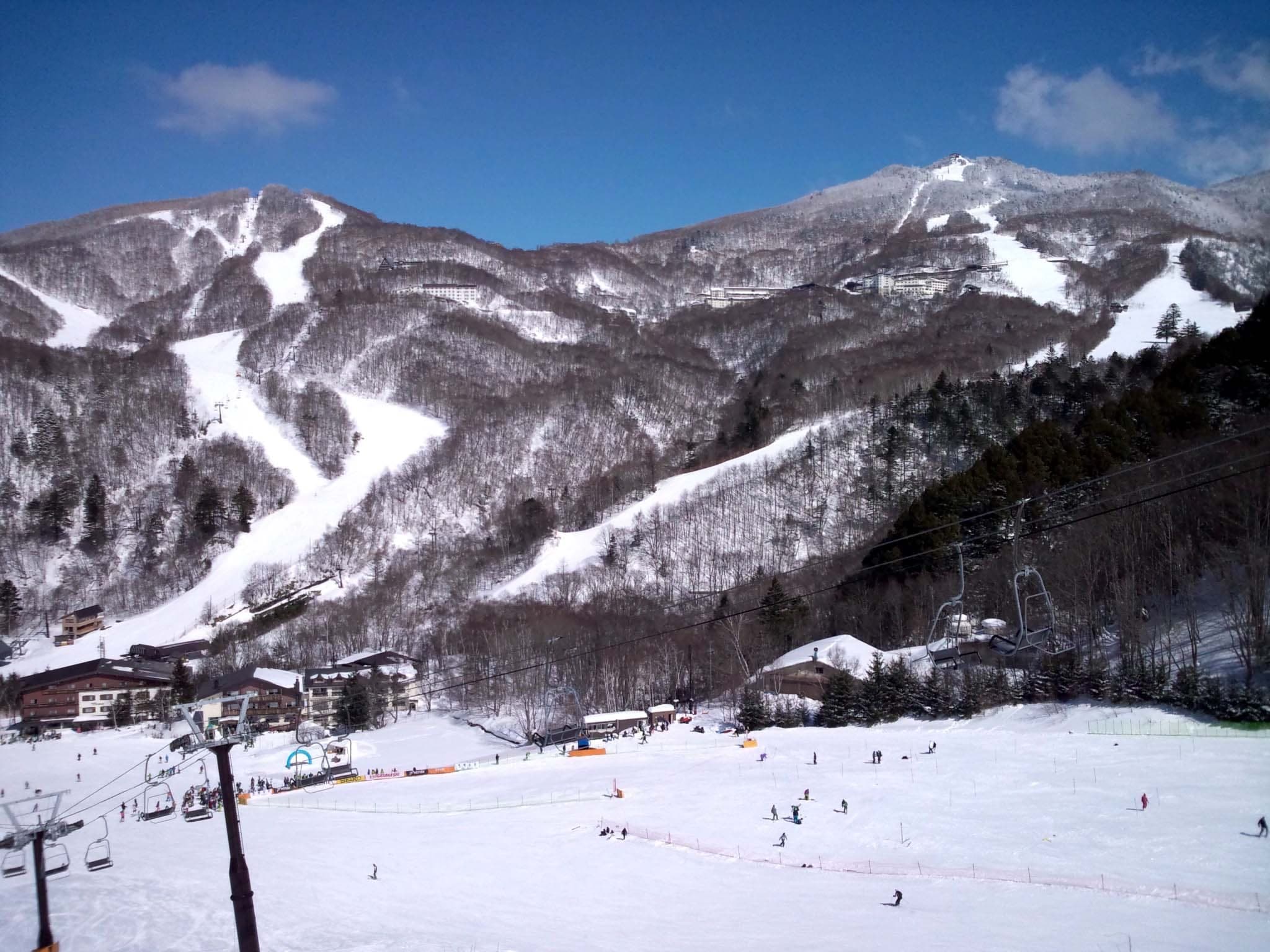 Nishidateyama and Higashidateyama rise above the busy base of Shiga Kogen Giant on a clear day