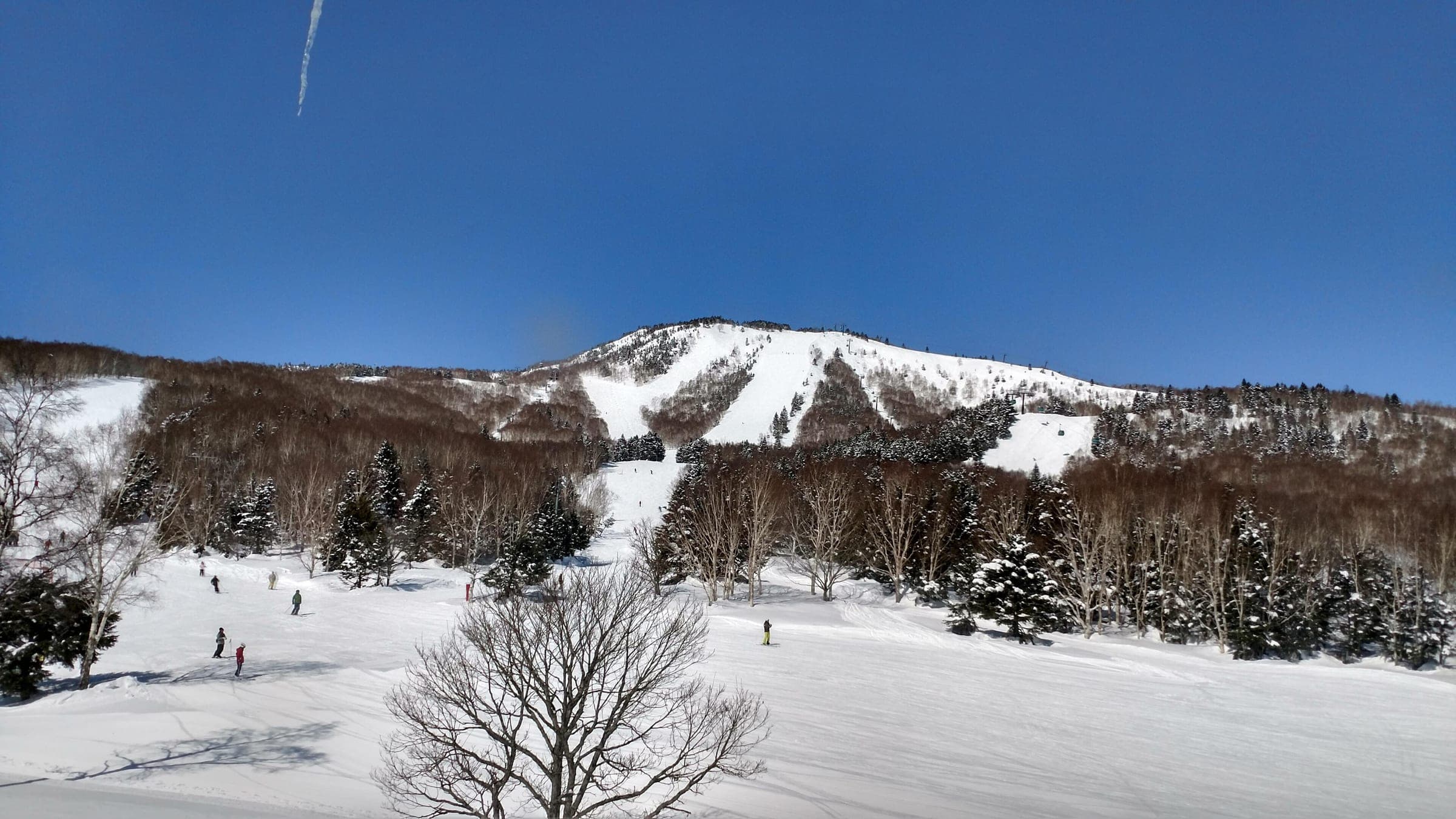 Skiers cross the lower slopes below the open runs of Mount Yakebitai in Shiga Kogen