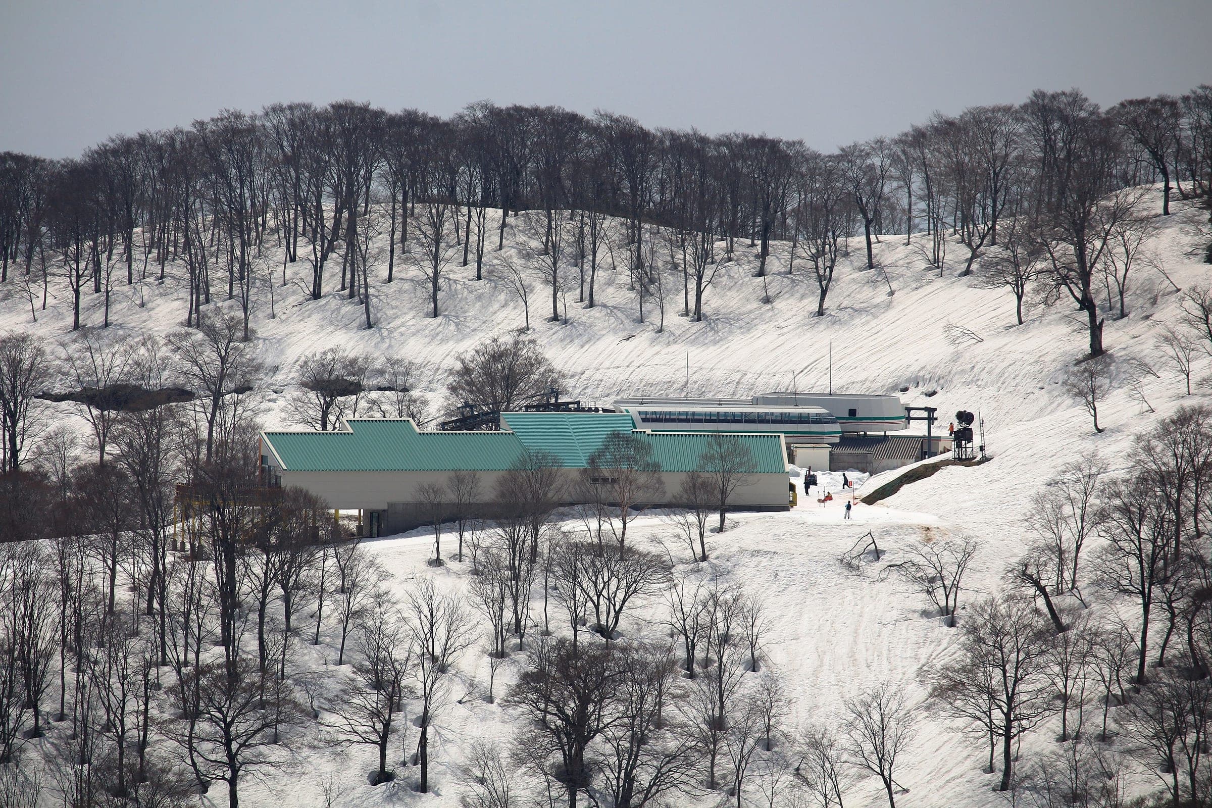 The summit lodge at Takasu Snow Park sits among bare beech trees on a snowy ridge