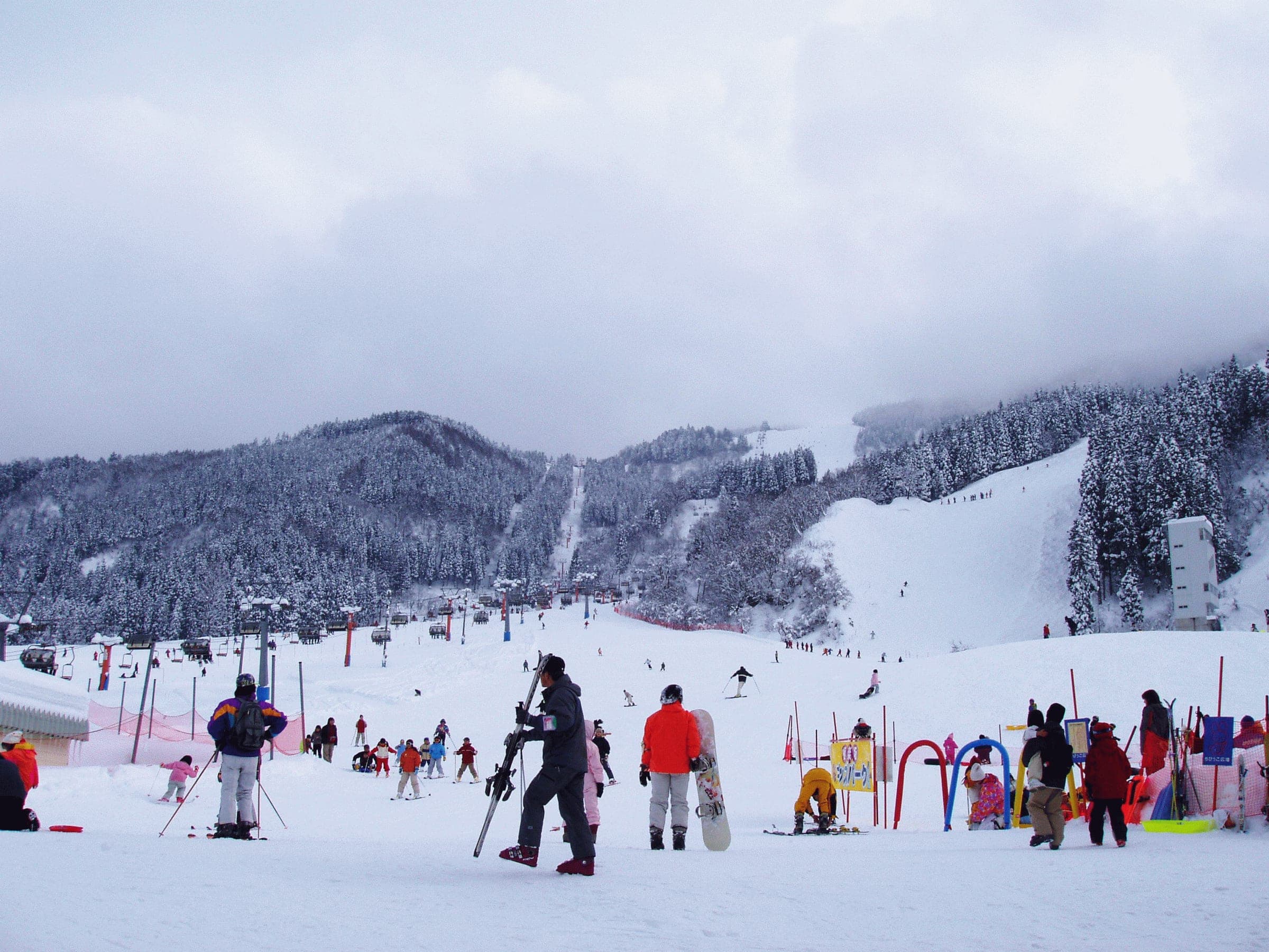 Snowboarders and skiers gather below the forested runs of the Gokurakuzaka area at Tateyama Sanroku in January