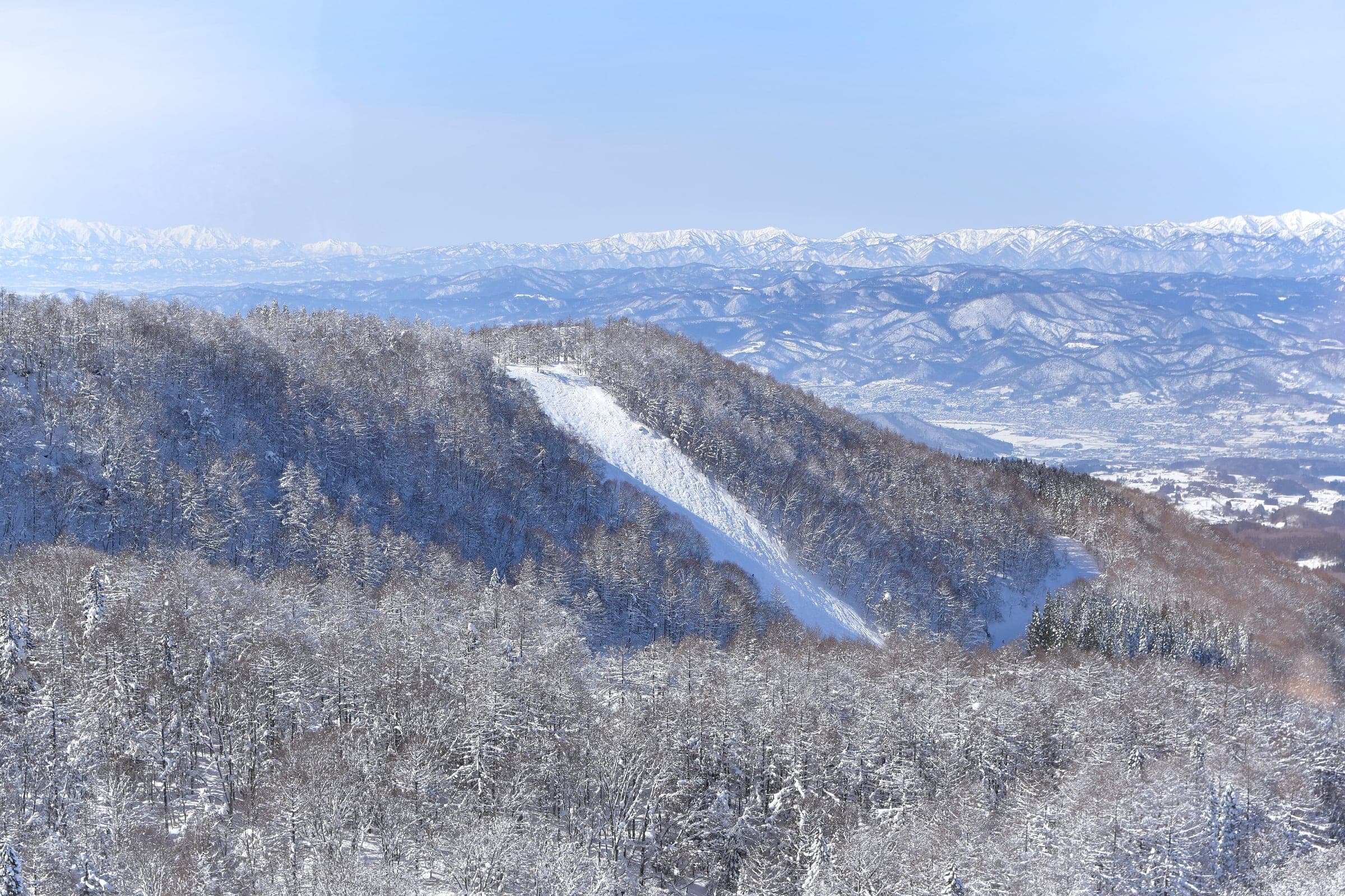 A cleared run cuts through snowy forest at Zao Onsen with far ranges behind