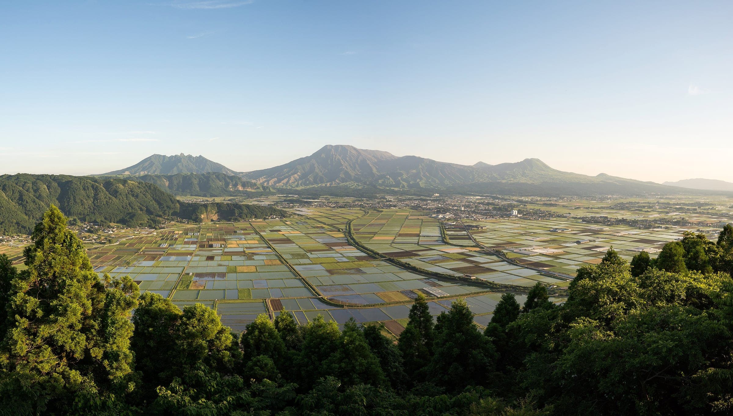 The Shiroyama lookout looks down on flooded rice paddies across the Aso caldera floor to Mount Aso.