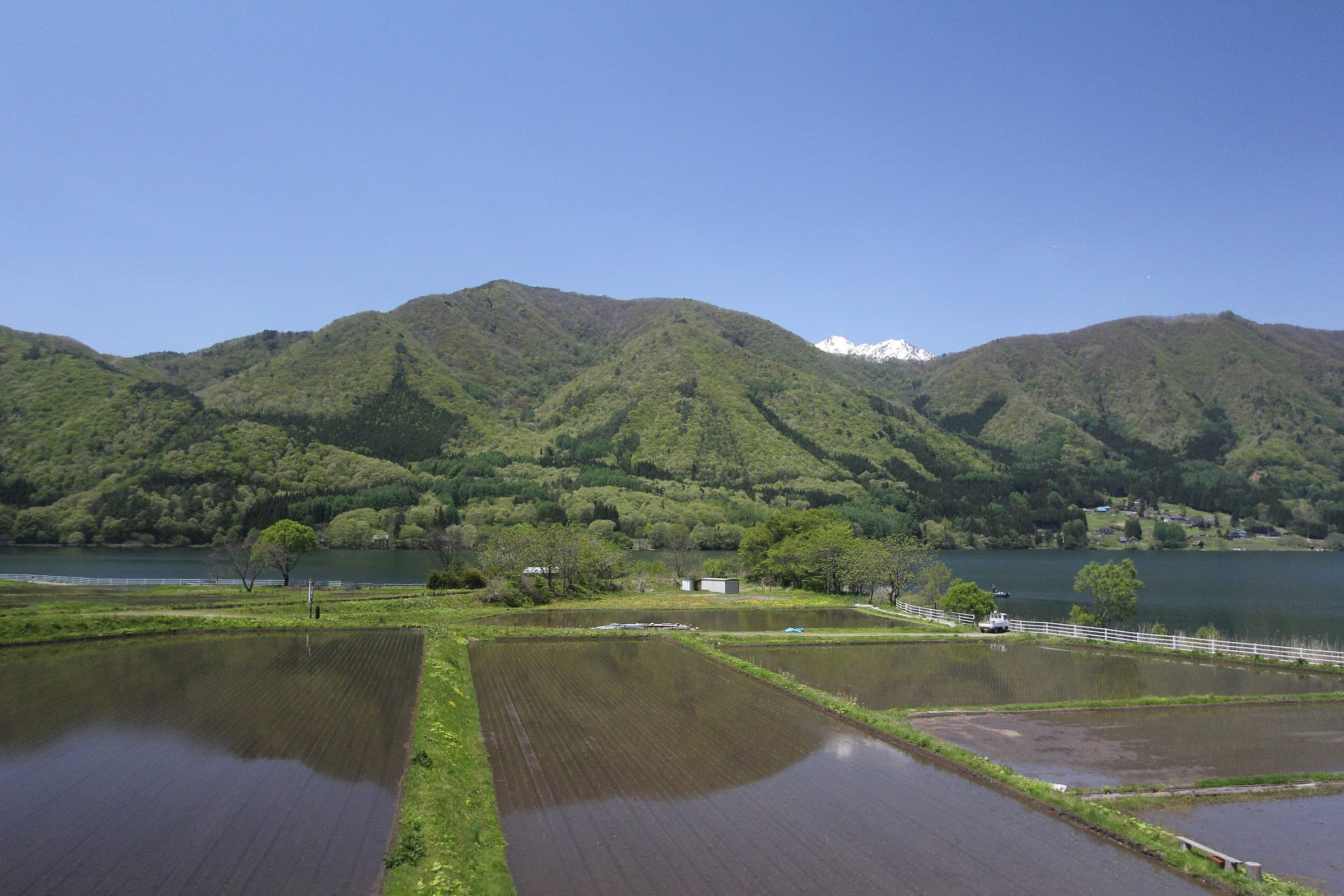Flooded rice paddies by Lake Kizaki mirror green hills and a white Alps peak in spring.