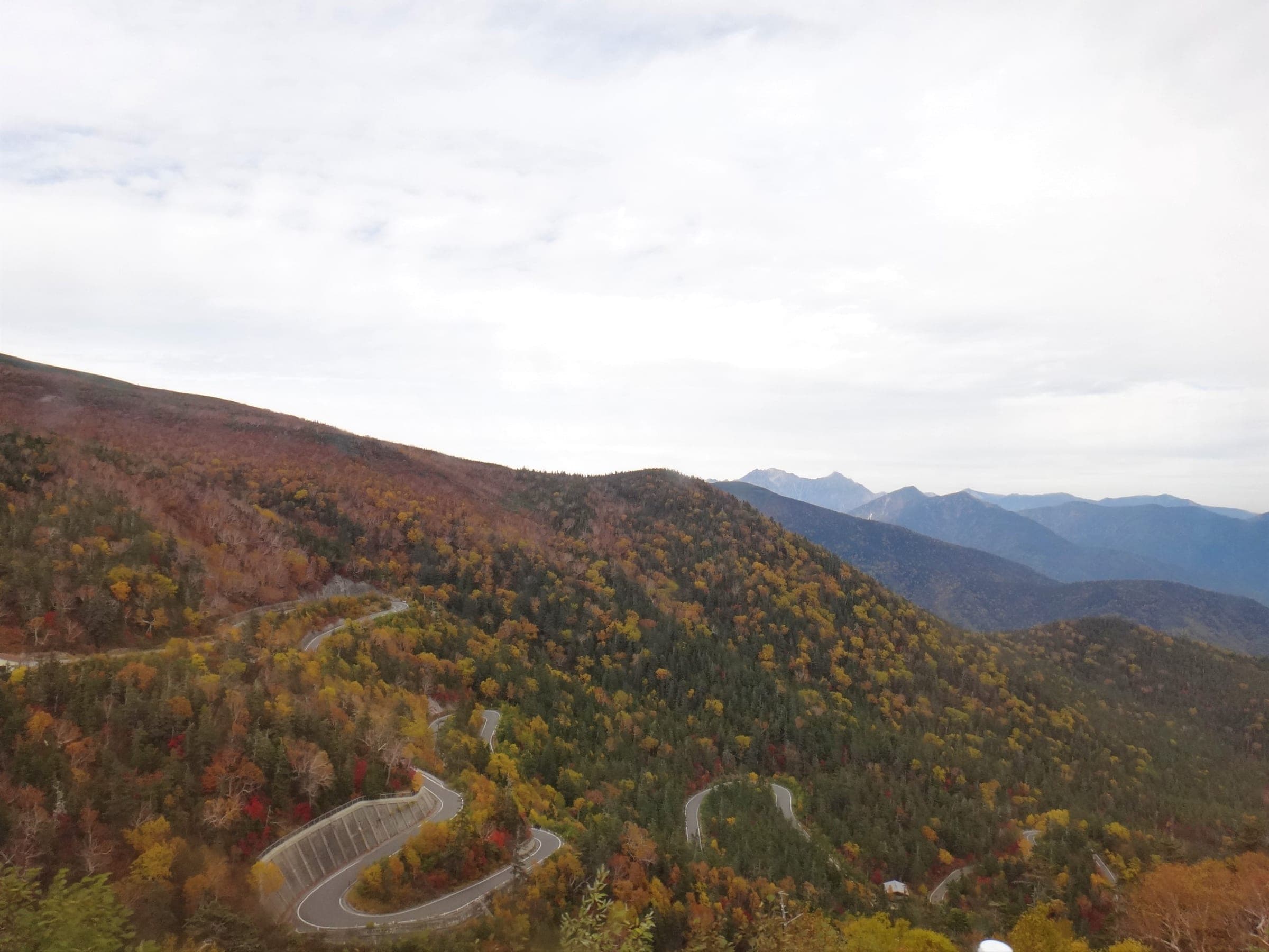 The Norikura Echo Line loops through forest in full October colour on the Nagano side of the mountain.