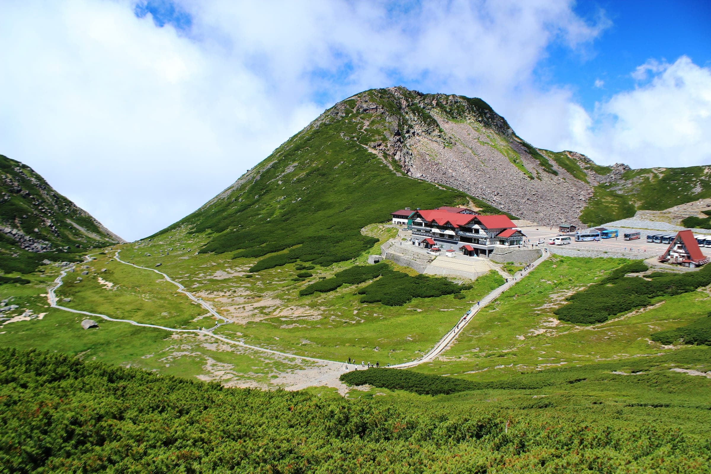 The road climbs the last green slopes to the Tatamidaira bus terminal below Mount Norikura's summit cone in August.