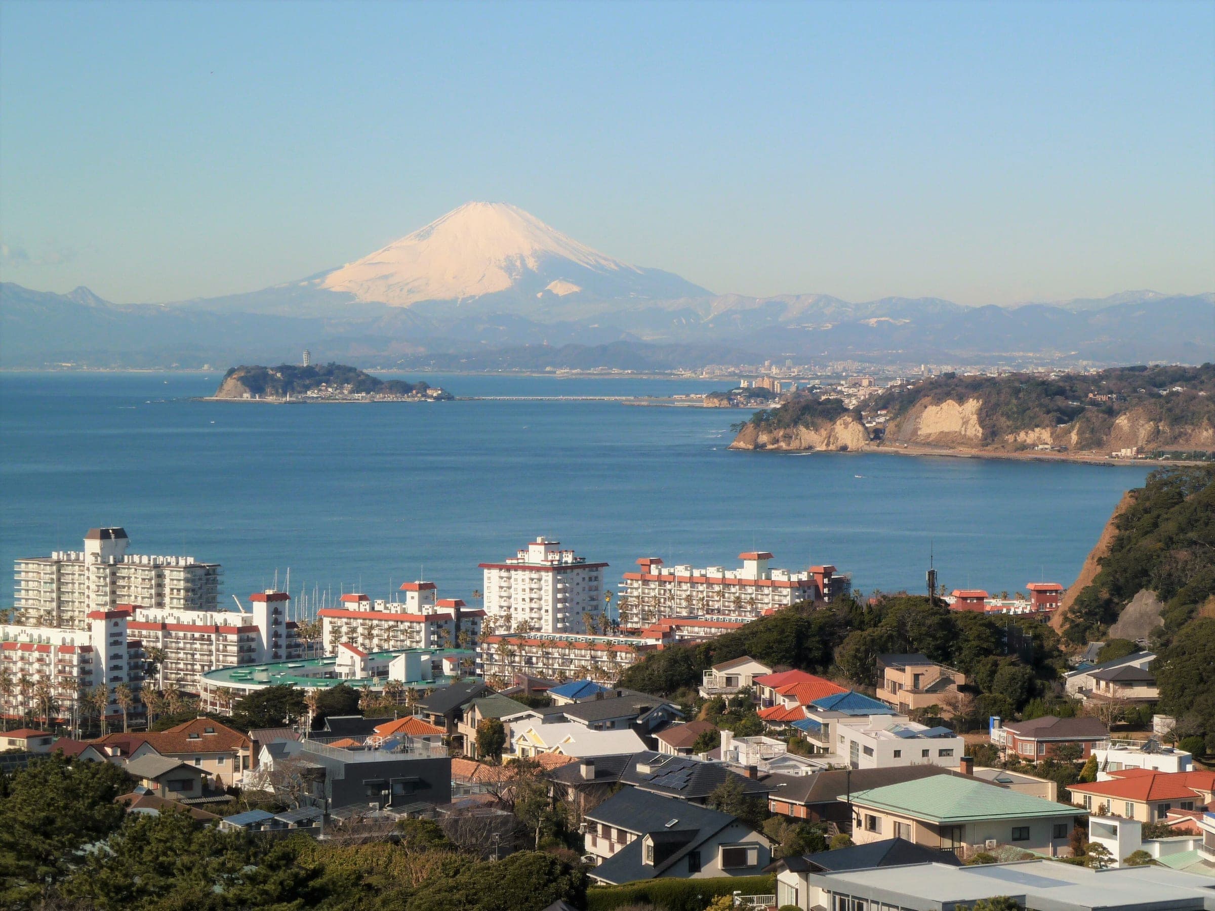 From Hiroyama Park in Zushi you look across Sagami Bay past Enoshima to Mt. Fuji.