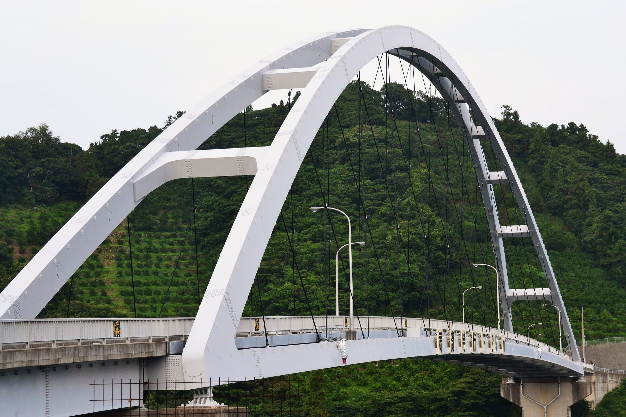 The white arch of the Naka-no-Seto Bridge rises against citrus slopes on the Tobishima Kaido.