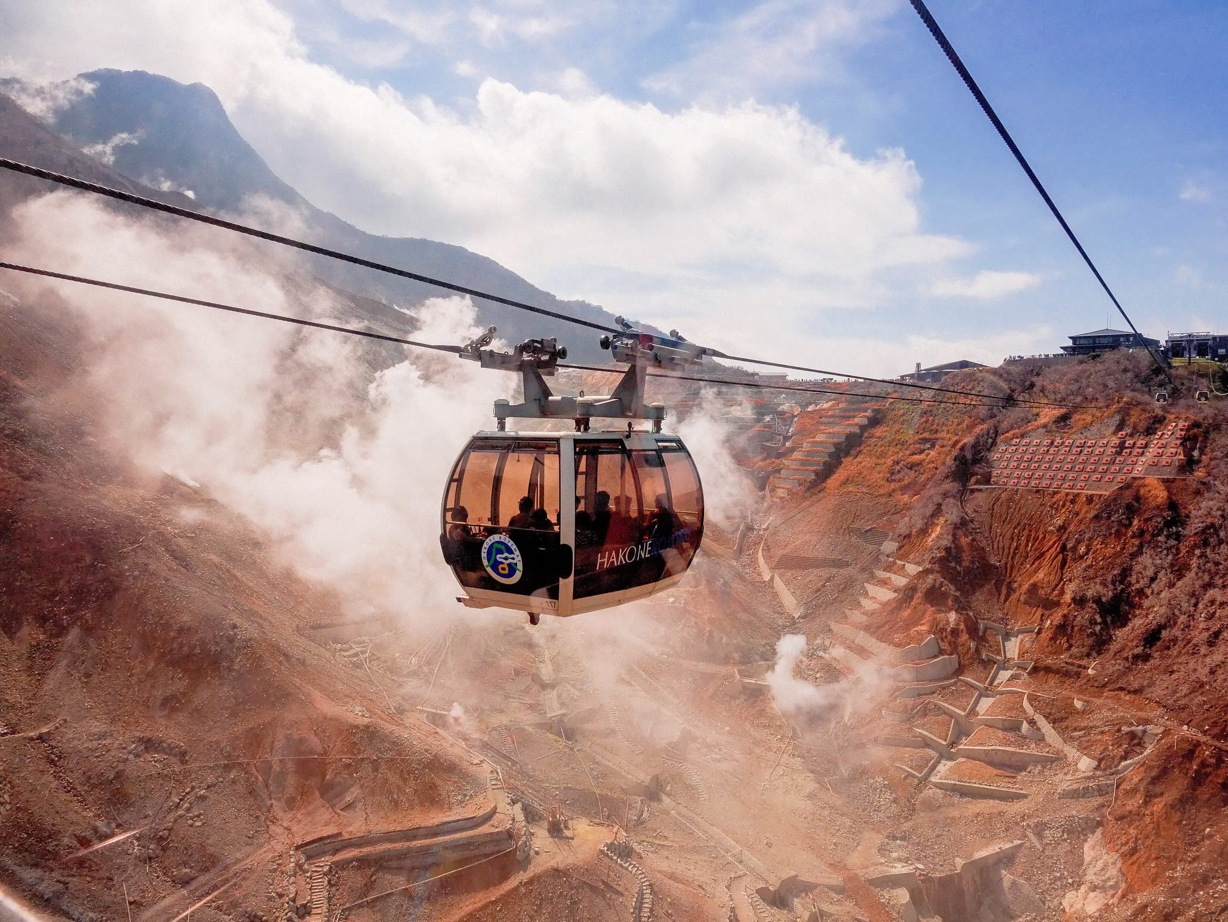 A Hakone Ropeway gondola crosses the steaming vents of Owakudani on its way down the valley.