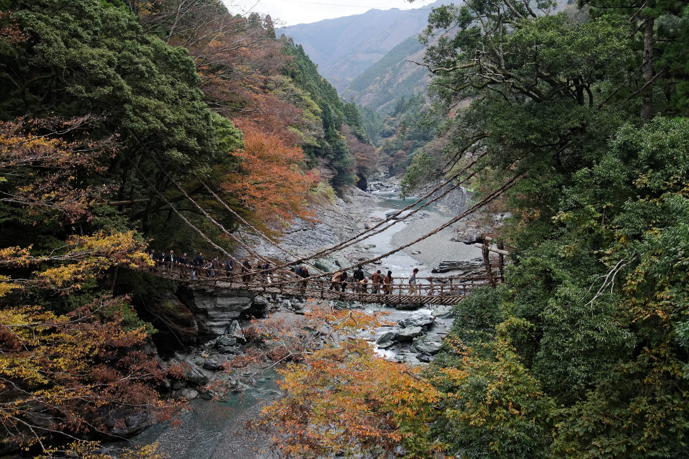 Visitors cross the Iya Kazurabashi vine bridge above a rocky gorge in autumn colour.