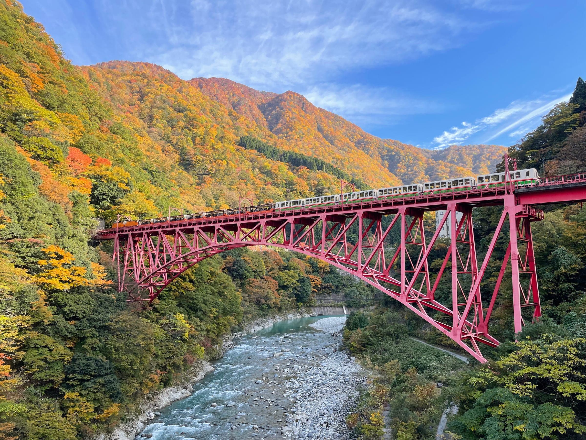 A Kurobe Gorge Railway train crosses the red Shin-Yamabiko bridge above the Kurobe River among autumn colour