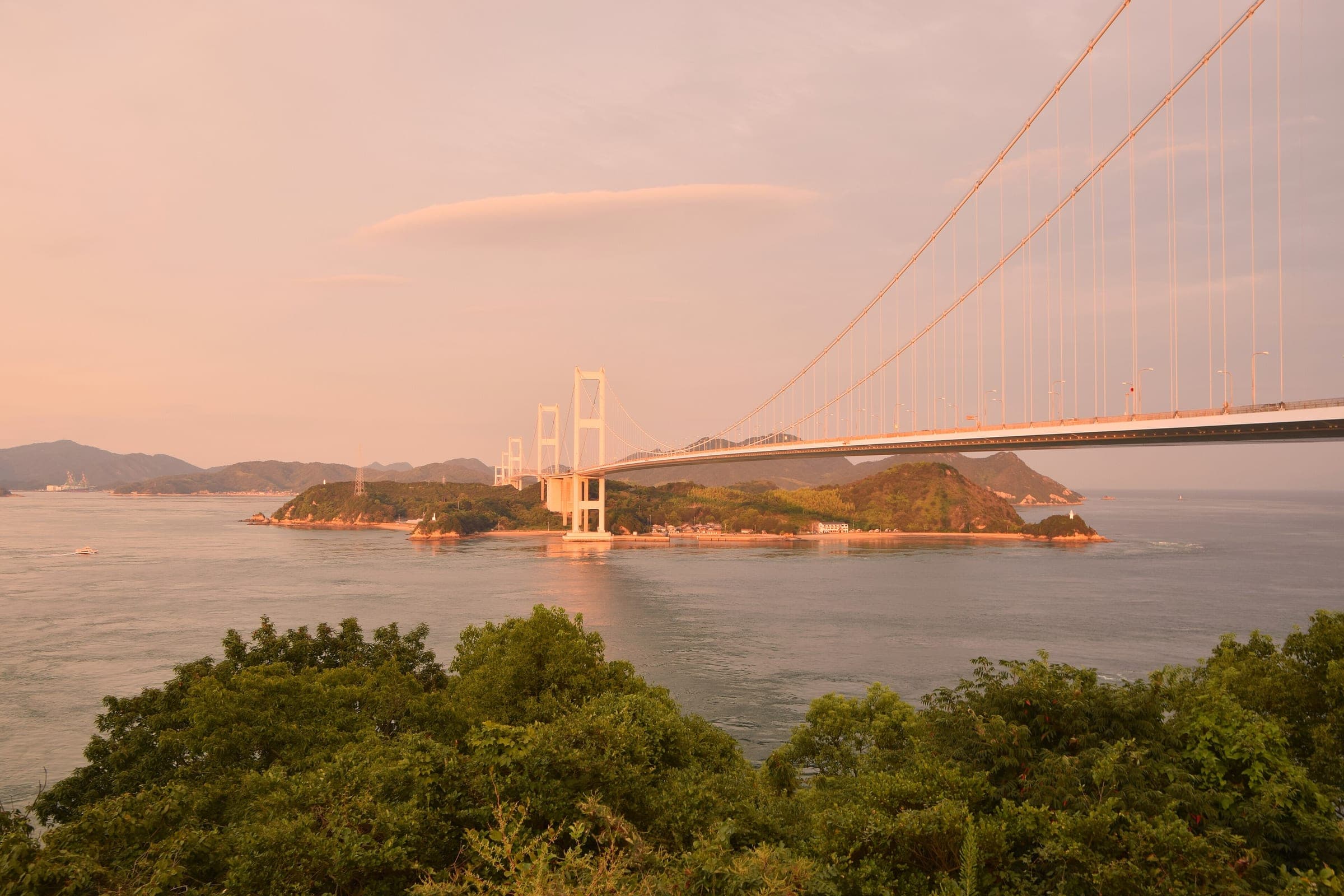 Evening light falls on the Kurushima-Kaikyo Bridge and Umashima from Itoyama in Imabari.