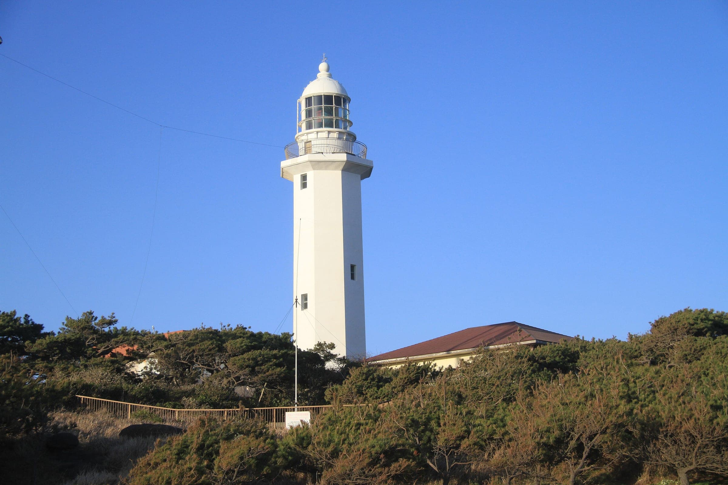 The octagonal white tower of Nojimasaki Lighthouse rises over pine scrub in Minamiboso.
