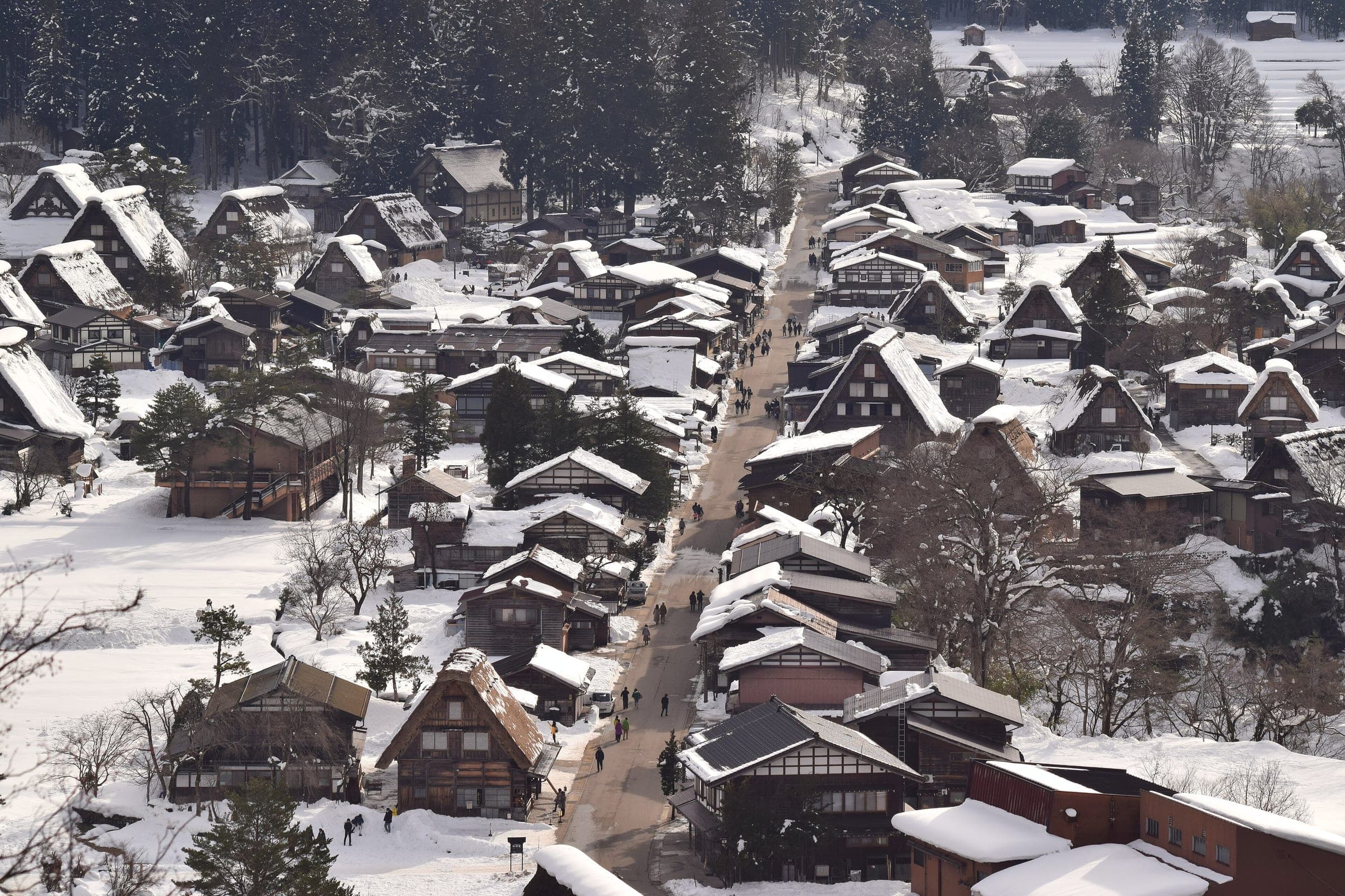 Visitors walk the snowy main street of Ogimachi between gassho-zukuri farmhouses in the view from above