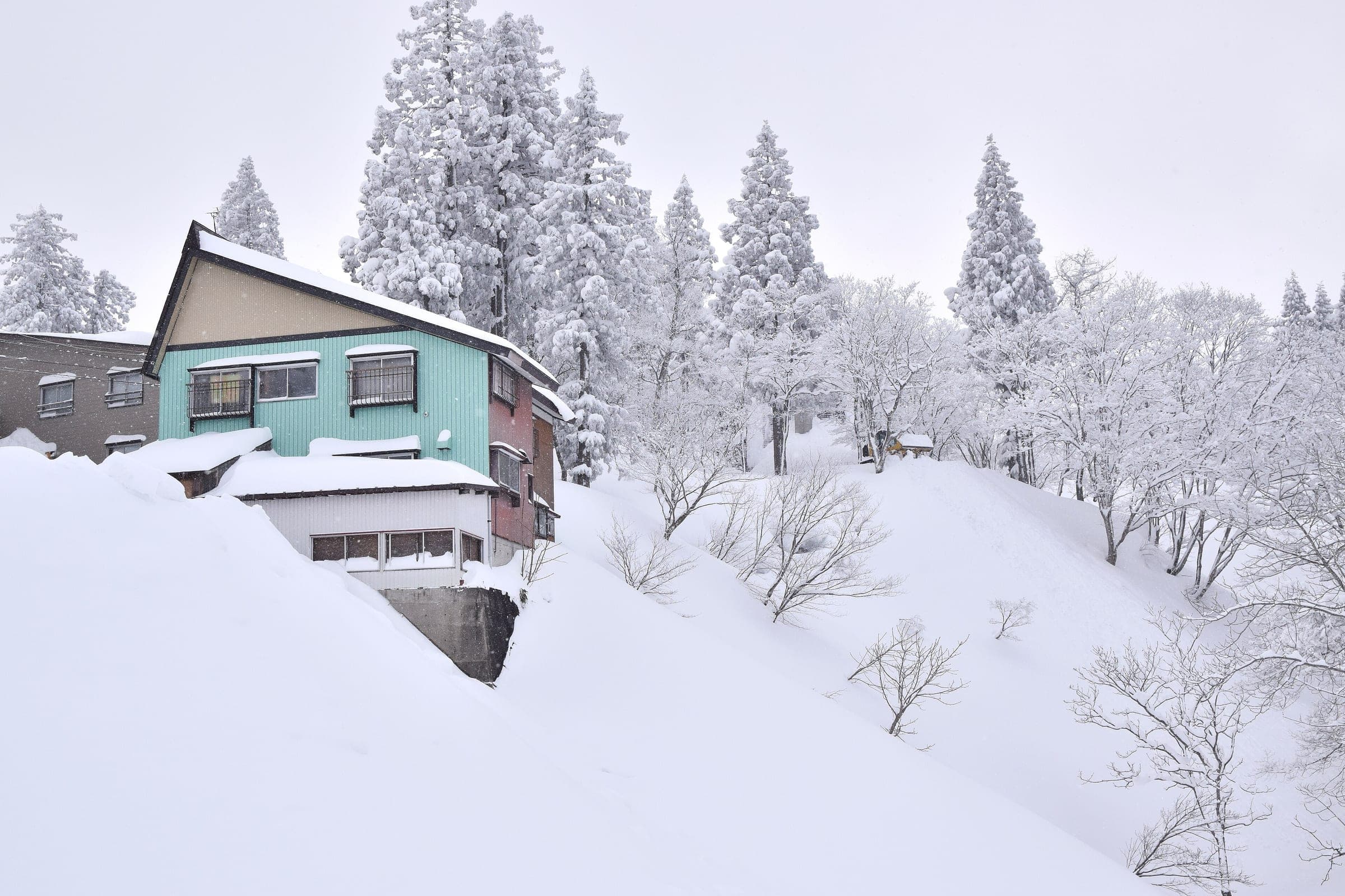 A pastel lodge sits half buried in deep snow under laden trees at Akakura Onsen