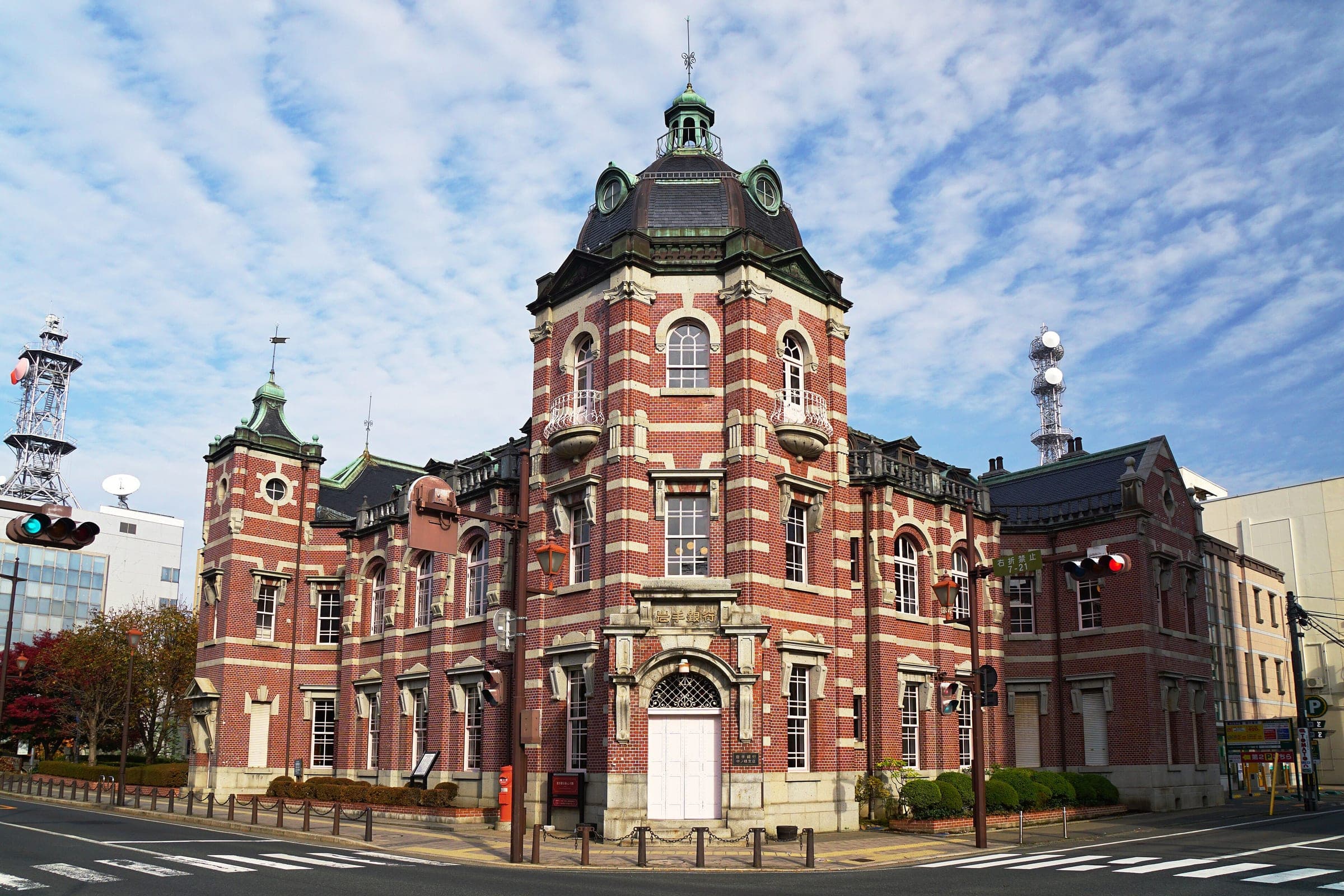The red-brick former Morioka Bank head office stands on a street corner in central Morioka.