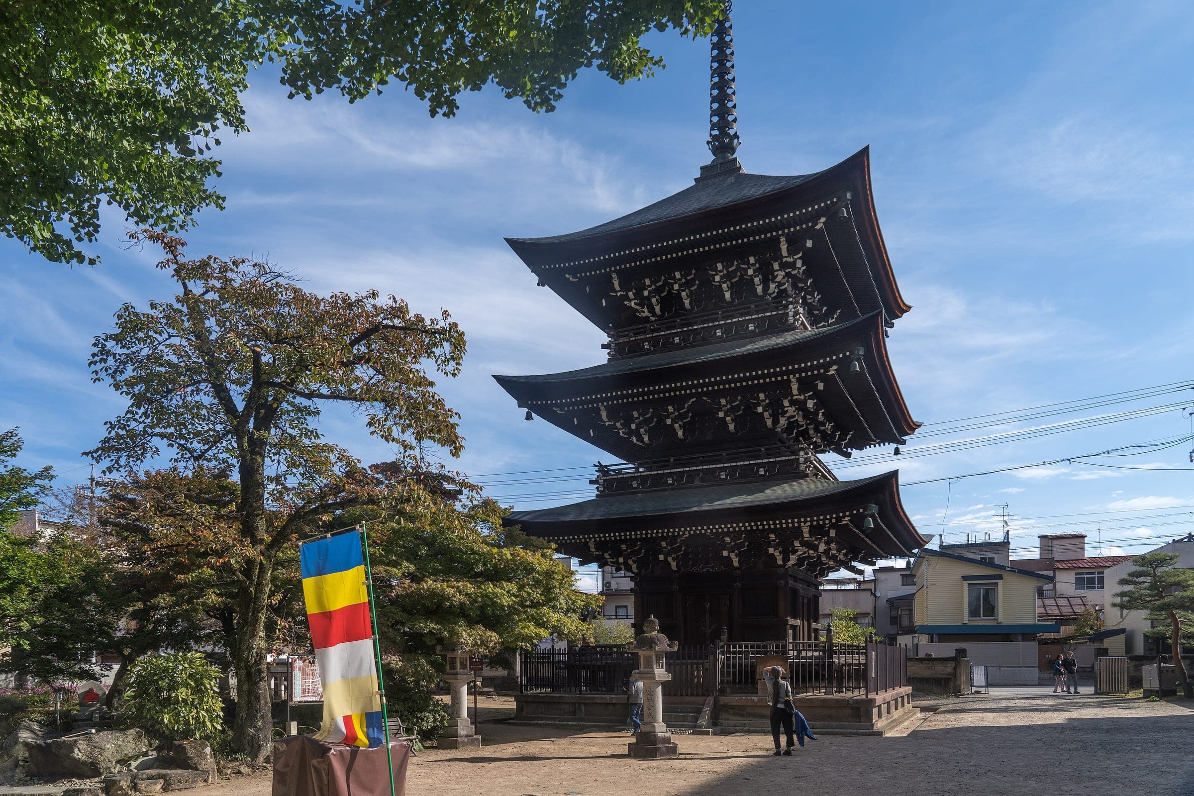 The three-storey pagoda of Hida Kokubunji rises above the temple grounds in central Takayama