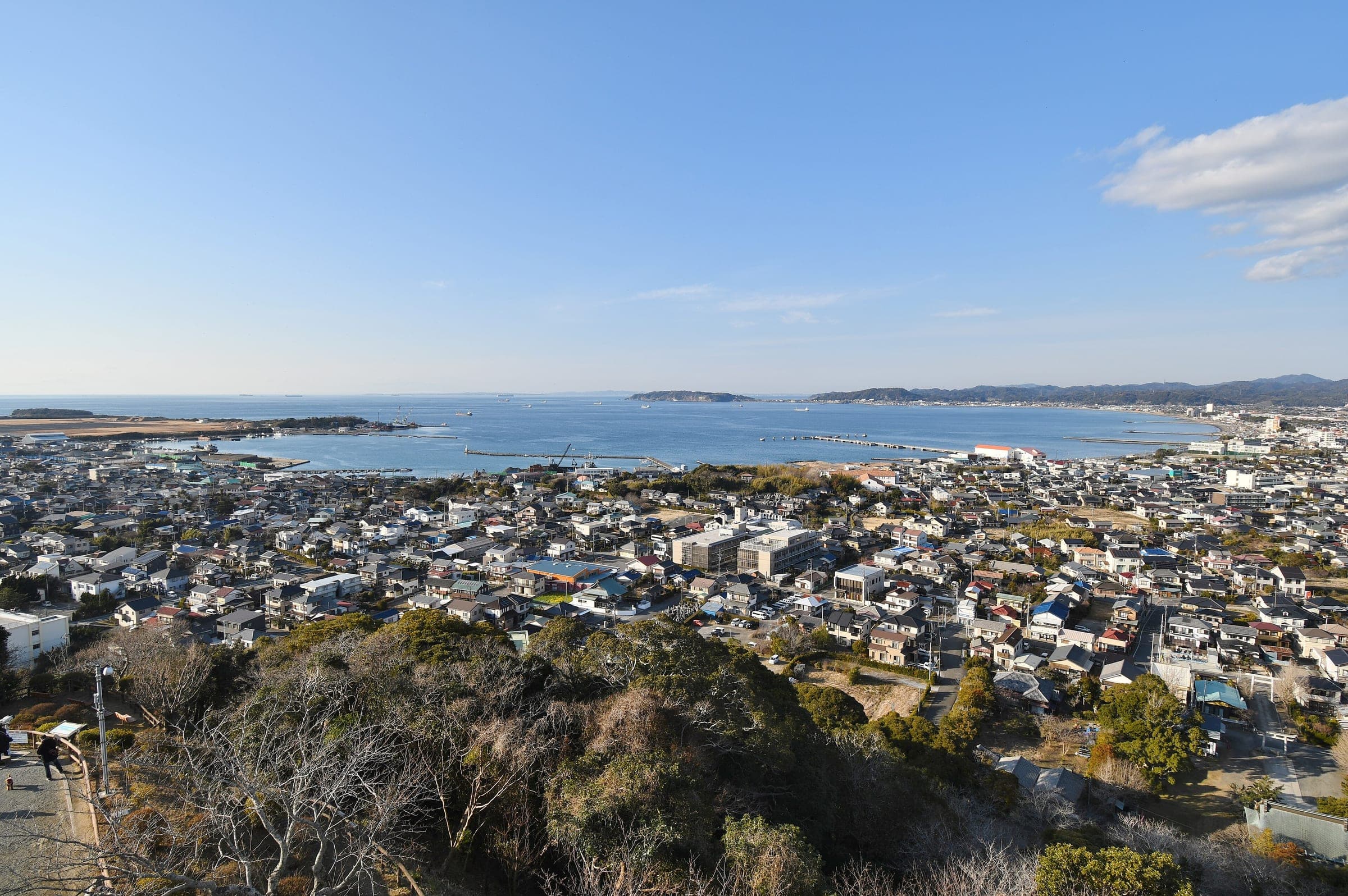 Tateyama's rooftops spread to the curve of Tateyama Bay in this view from the castle hill.
