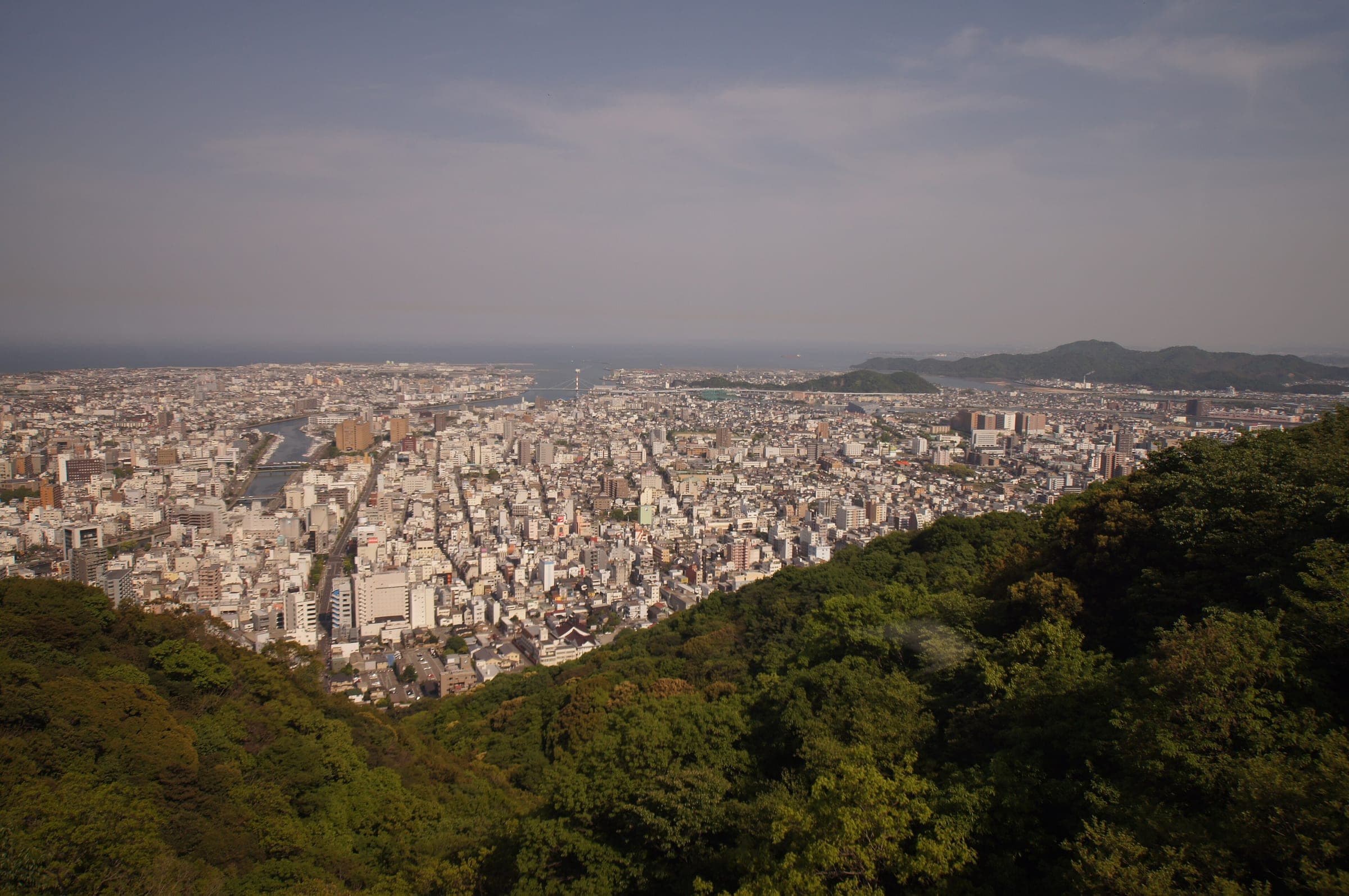 Tokushima spreads to the sea below the green slopes of Mount Bizan on a May afternoon.