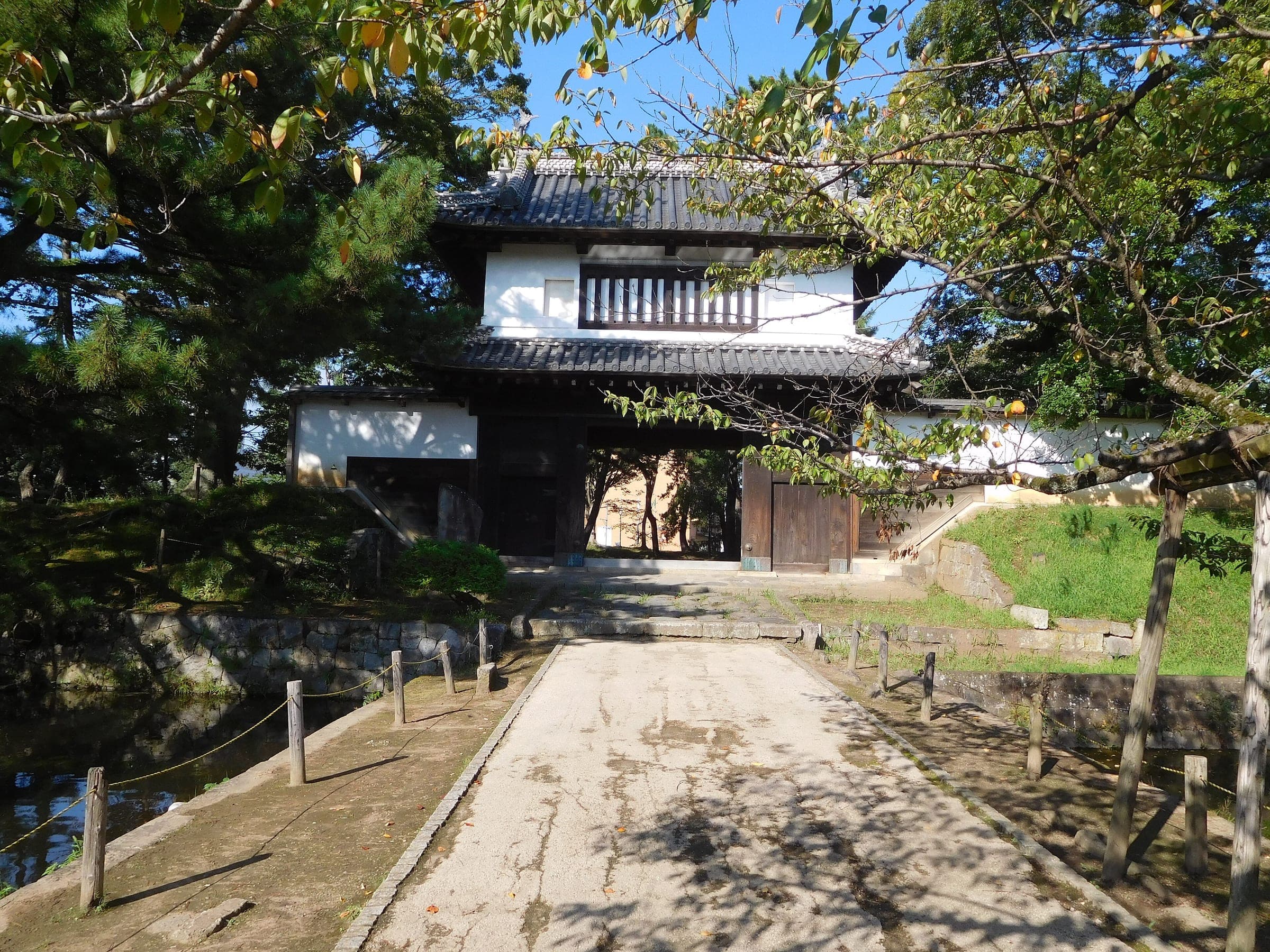 A tree-lined path leads to the Taiko Yagura Gate of Tsuchiura Castle in Kijo Park.